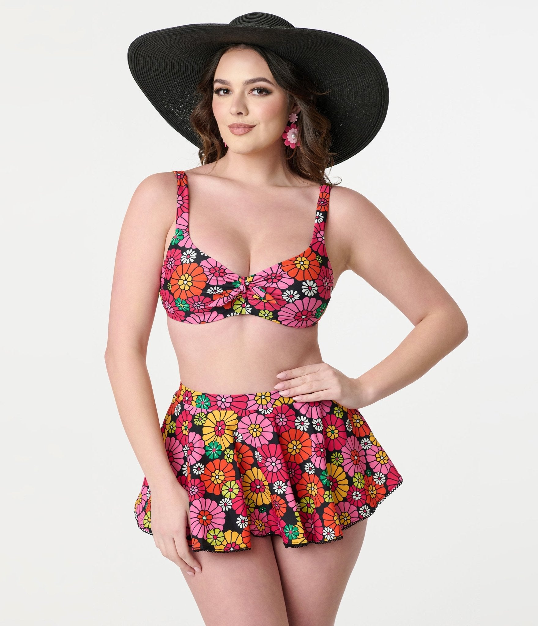 Vintage Black Floral Print Swim Top - Retro Bikini Top for Women, Beachwear & Pool Party Outfit
