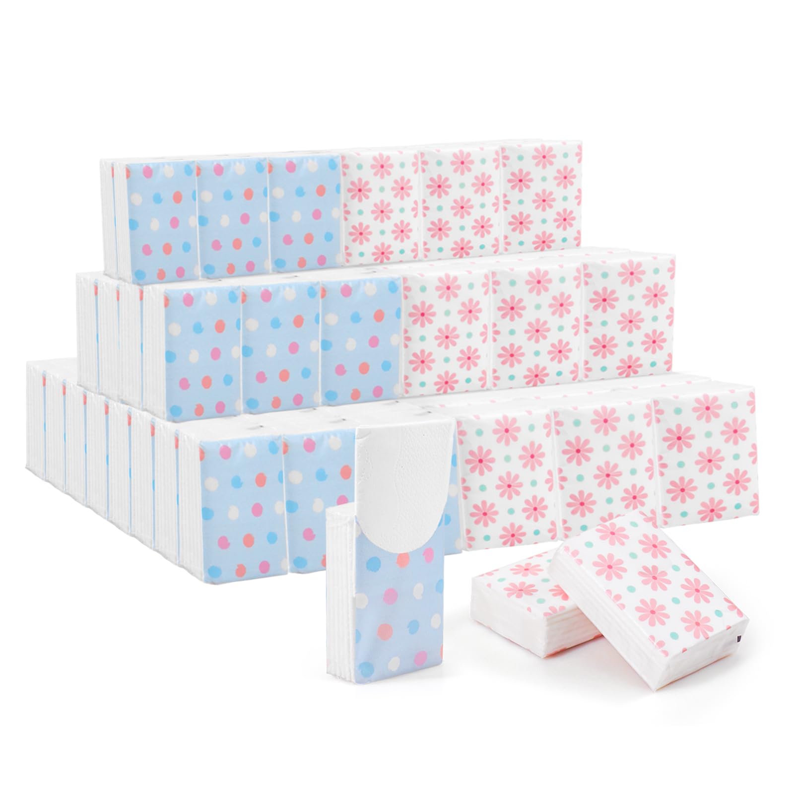 100 Pack Travel Size Pocket Tissues - Bulk Individual 4-Ply Facial Tissue Packs (7 Sheets Per Pack) - Floral & Polka Dot Design for On-the-Go, Office, Car, Purse & Travel Essentials