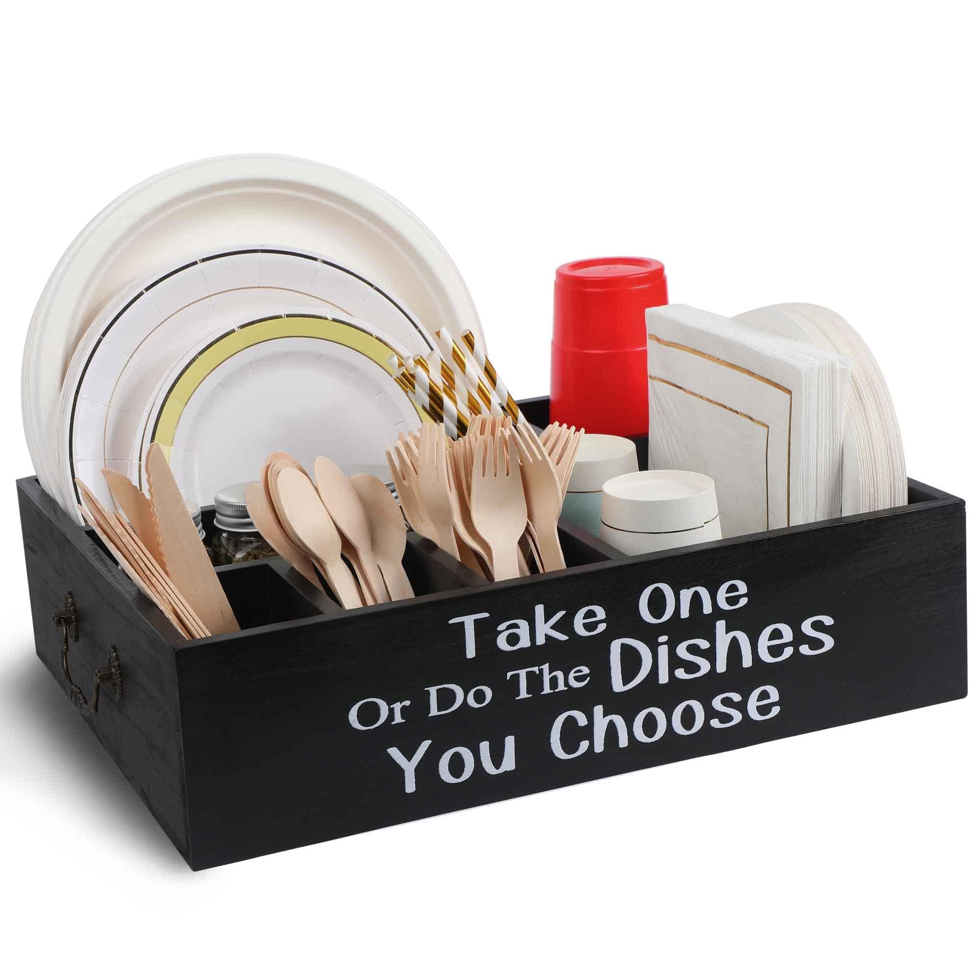**Wooden Kitchen Utensil Organizer - Silverware Caddy for Forks, Spoons, Cups & Napkins - Countertop Storage Holder with Paper Plate Dispenser - Perfect for Party, Picnic & Dining Room Organization**
