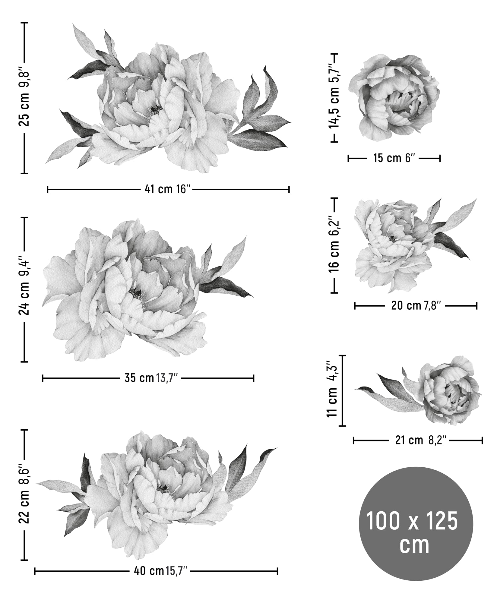 Large Boho Style Rose Wall Decal - Removable Peony Flower Wall Sticker - Black and White Floral Wall Art for Bedroom, Living Room, Nursery Decor