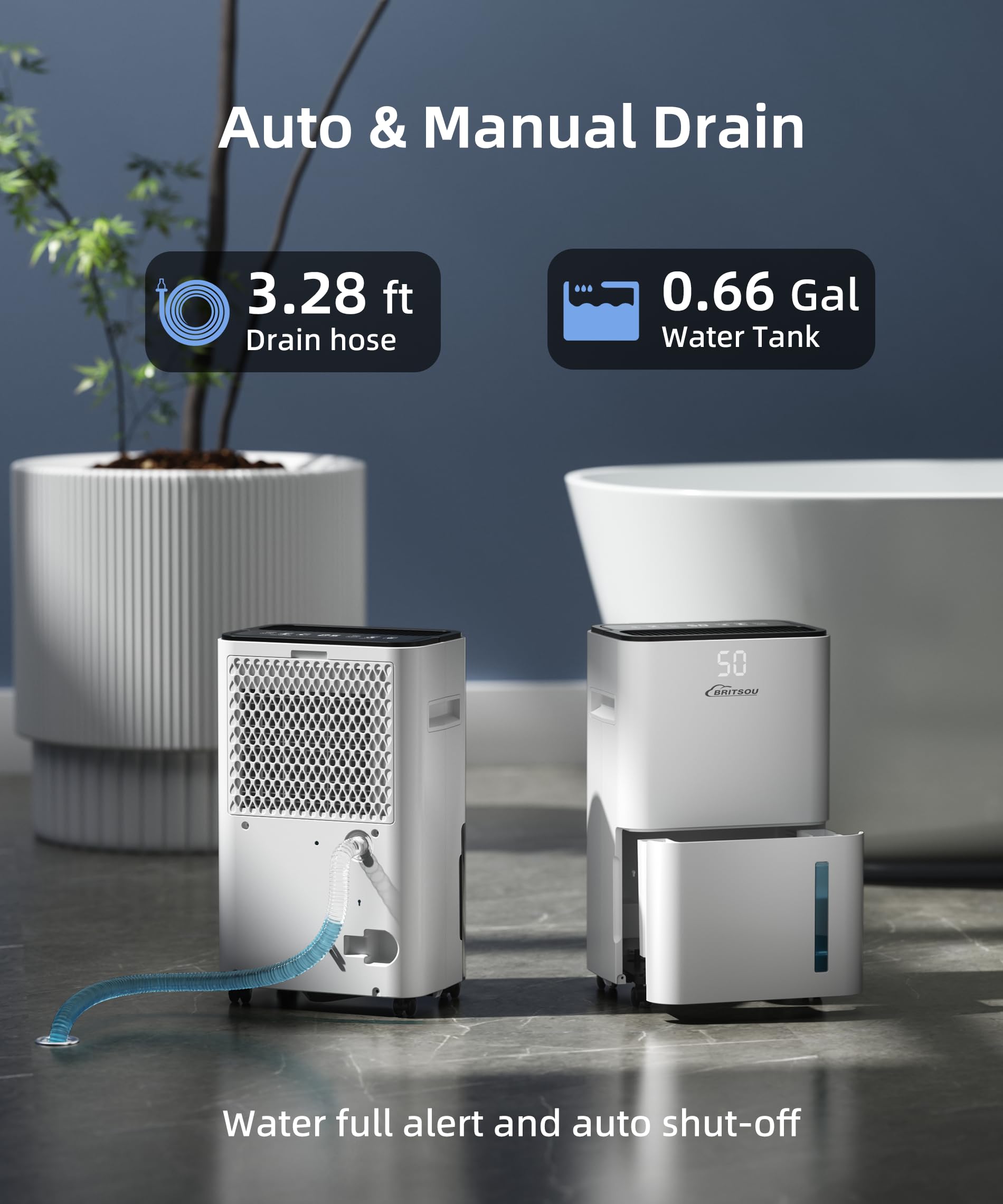 BRITSOU 2000 Sq. Ft Energy Efficient Dehumidifier for Basement & Home - 34 Pint Capacity with Auto Shut Off, 24HR Timer & Drain Hose - Ideal for Damp Basements, Large Rooms & High Humidity Areas