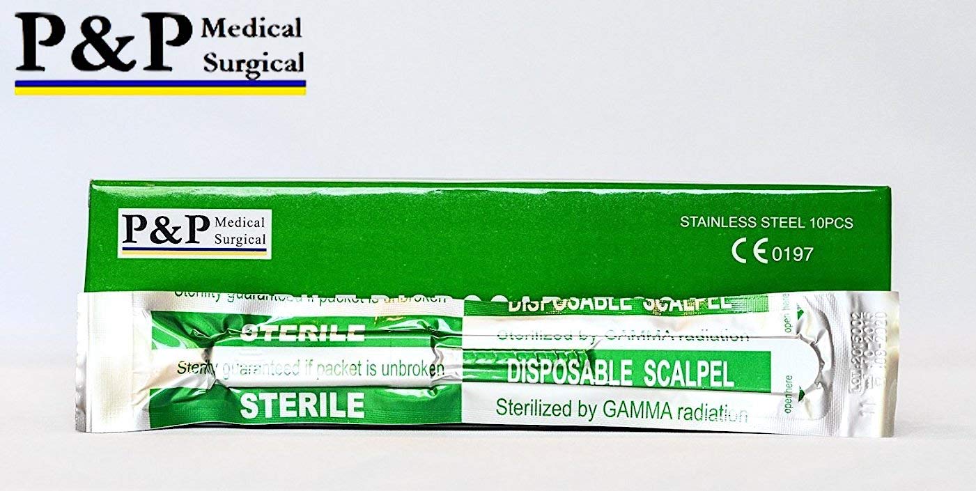 Sterile Disposable Scalpels - Surgical Blades Size 10,11,12,15,21,22 - Stainless Steel with Plastic Handle - Individually Foil Wrapped - Case of 500 (Size 15) - Perfect for Medical Procedures, Veterinary Use & First Aid Kits