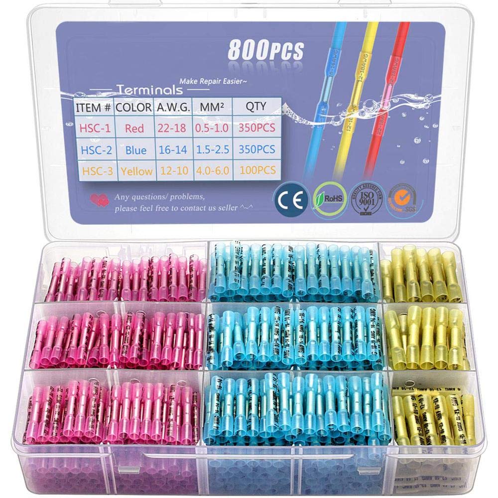 800pcs Heat Shrink Butt Connectors Kit - Waterproof Solder Sleeve Tubes, Insulated Copper Crimp Wire Terminals for Automotive, Marine & Home Electrical Wiring Repairs