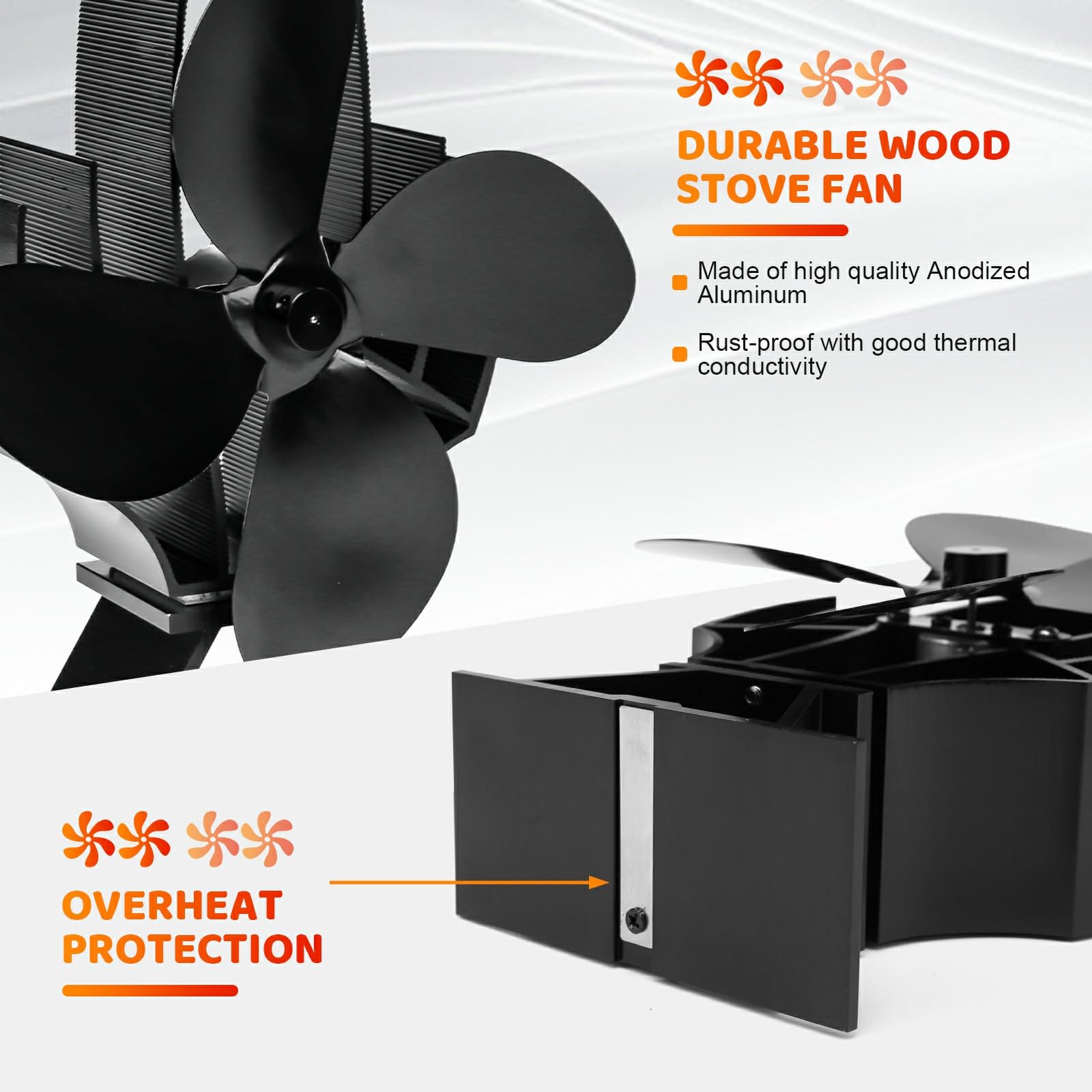 Uniflasy 4-Blade Heat Powered Wood Stove Fan with Extra Bracket - Compatible with Buddy Heater, Mr. Heater, Wood Burning Stoves, Pellet & Log Burners - Efficient Thermal Fireplace Fan for Home Heating & Energy Savings | Perfect for Cabin, RV, Camping & Winter Warmth