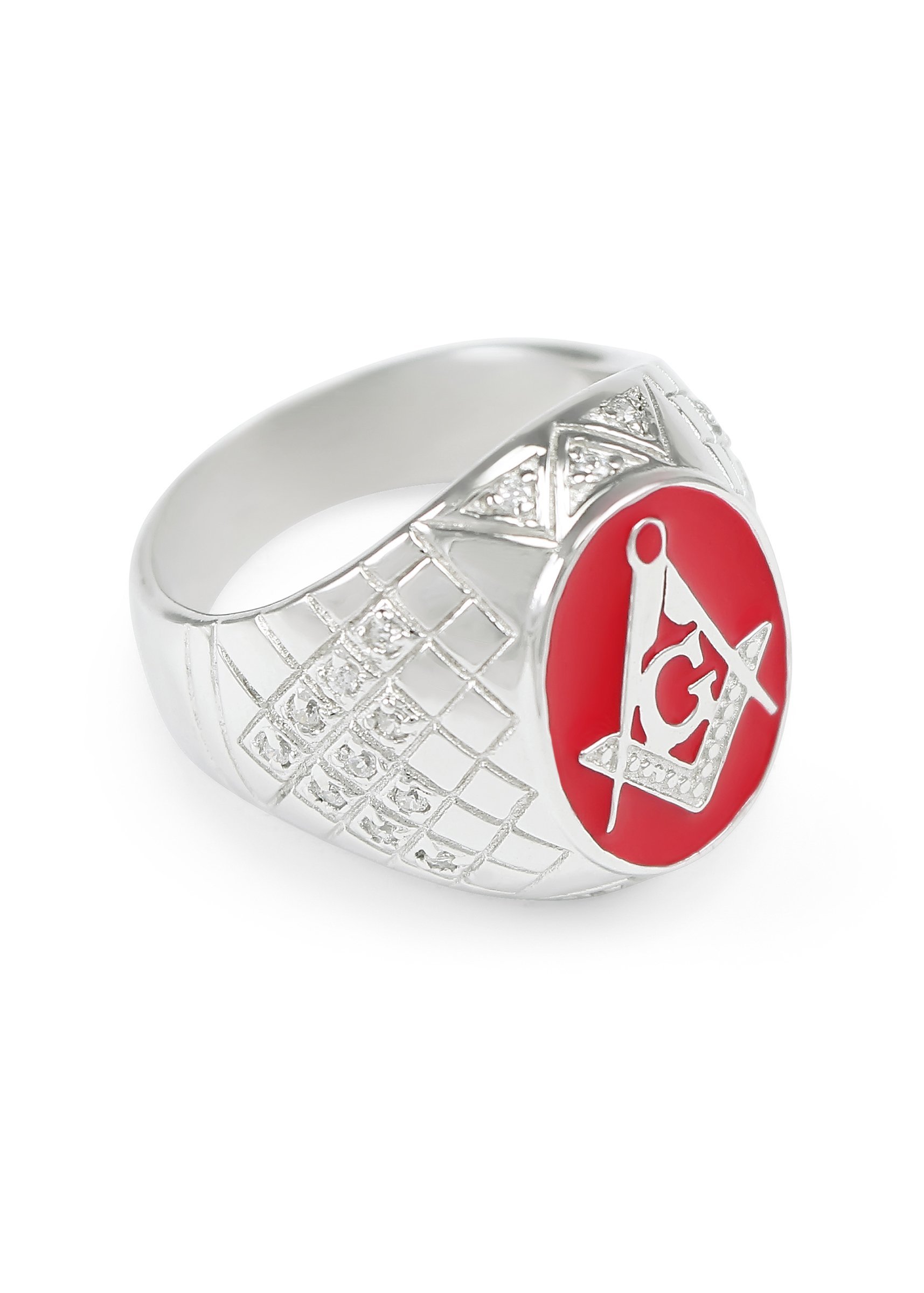 Masonic Ring Sterling Silver with Red Enamel & Cubic Zirconia - Perfect for Freemason Gifts, Ceremonies & Brotherhood Jewelry