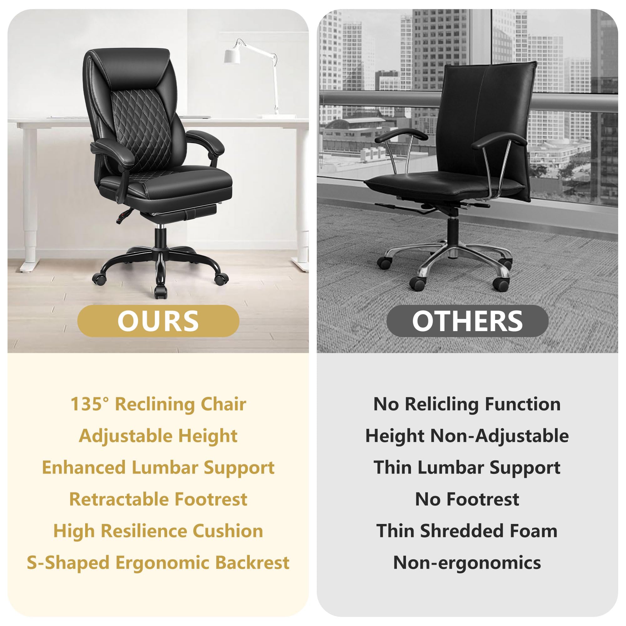 Big and Tall Executive Office Chair with Footrest - Ergonomic High Back Leather Desk Chair with Lumbar Support & Reclining Function for Home Office (Black) - Perfect for Long Work Hours & Comfortable Workspace Setup