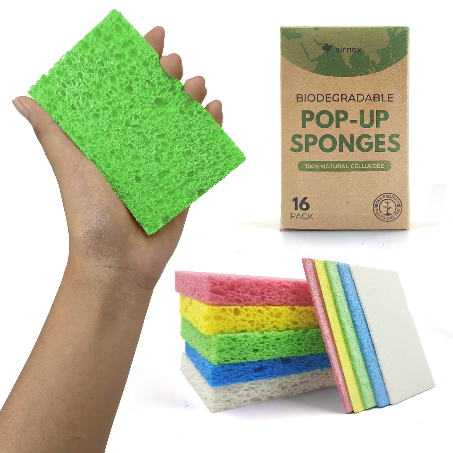 16 Pack Biodegradable Cellulose Compostable Kitchen Sponges | Non-Scratch, Heavy Duty & Eco-Friendly | Perfect for Dishwashing, Car Cleaning & Household Use