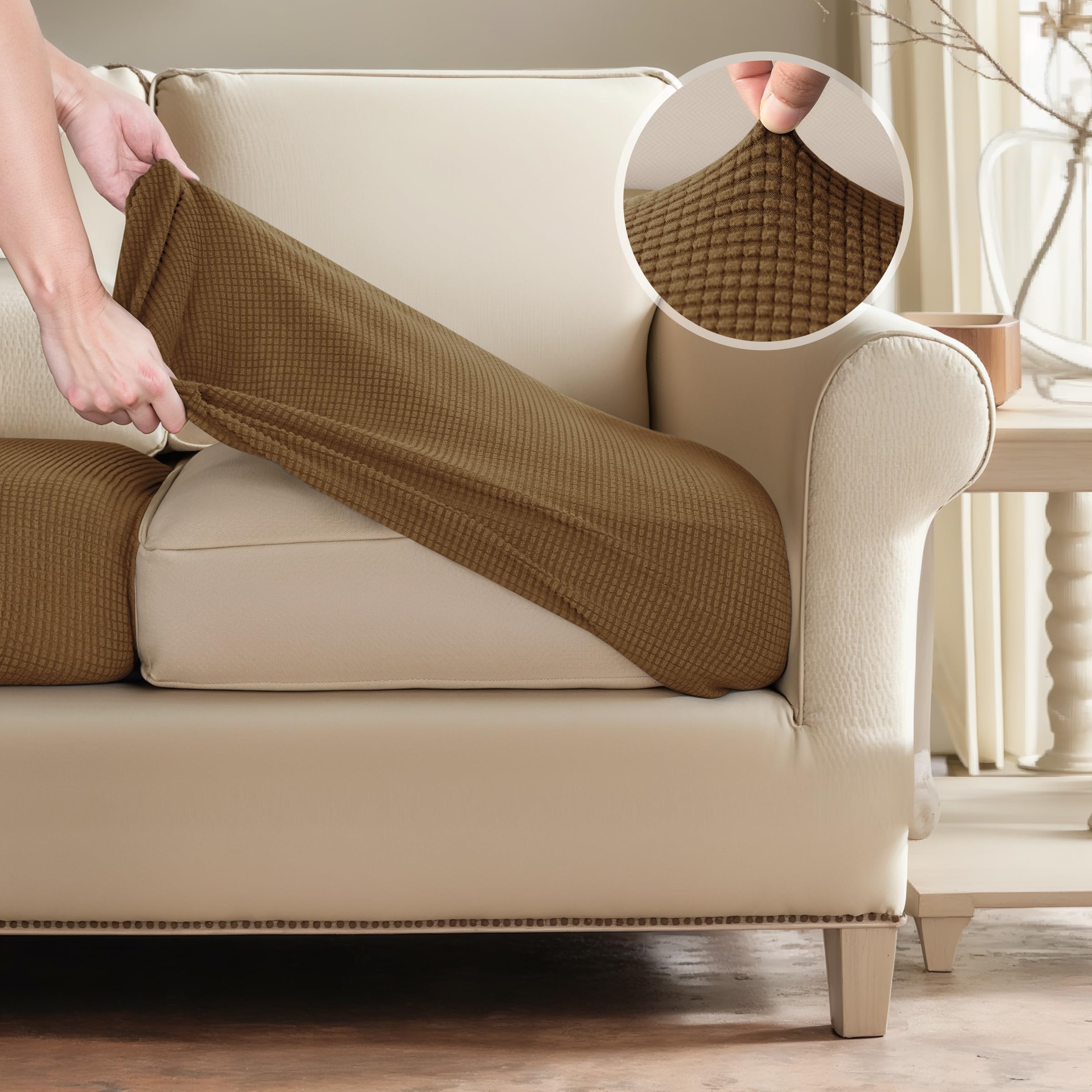 Stretch Cushion Covers 3-Pack - Elastic Sofa Slipcovers for Couch, Loveseat, RV & Chair - Spandex Furniture Protector in Coffee Brown - Perfect for Home Decor, Pet Protection & Seat Preservation
