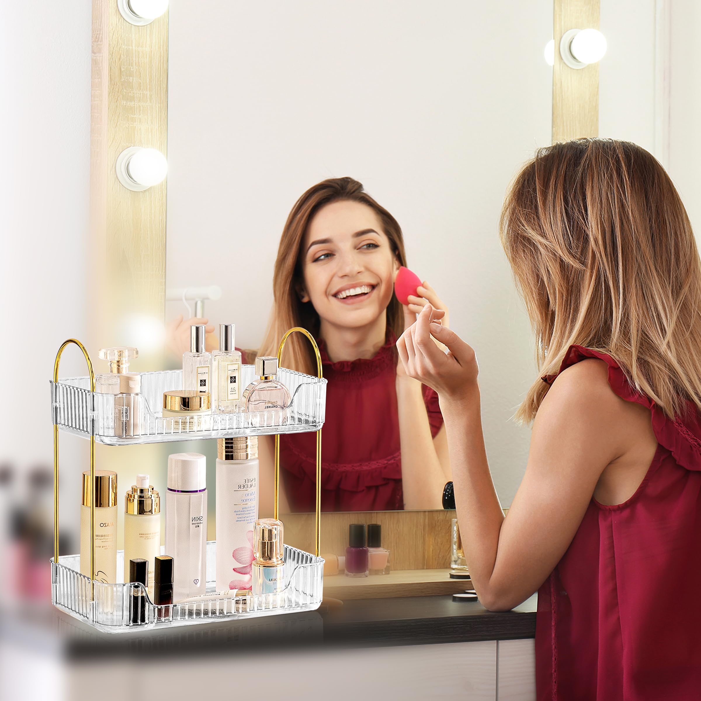 2-Tier White Bathroom Counter Organizer Shelf - Skincare & Makeup Holder for Cosmetics, Perfume, Lipstick - Perfect for Dresser, Vanity & Bathroom Countertop Storage