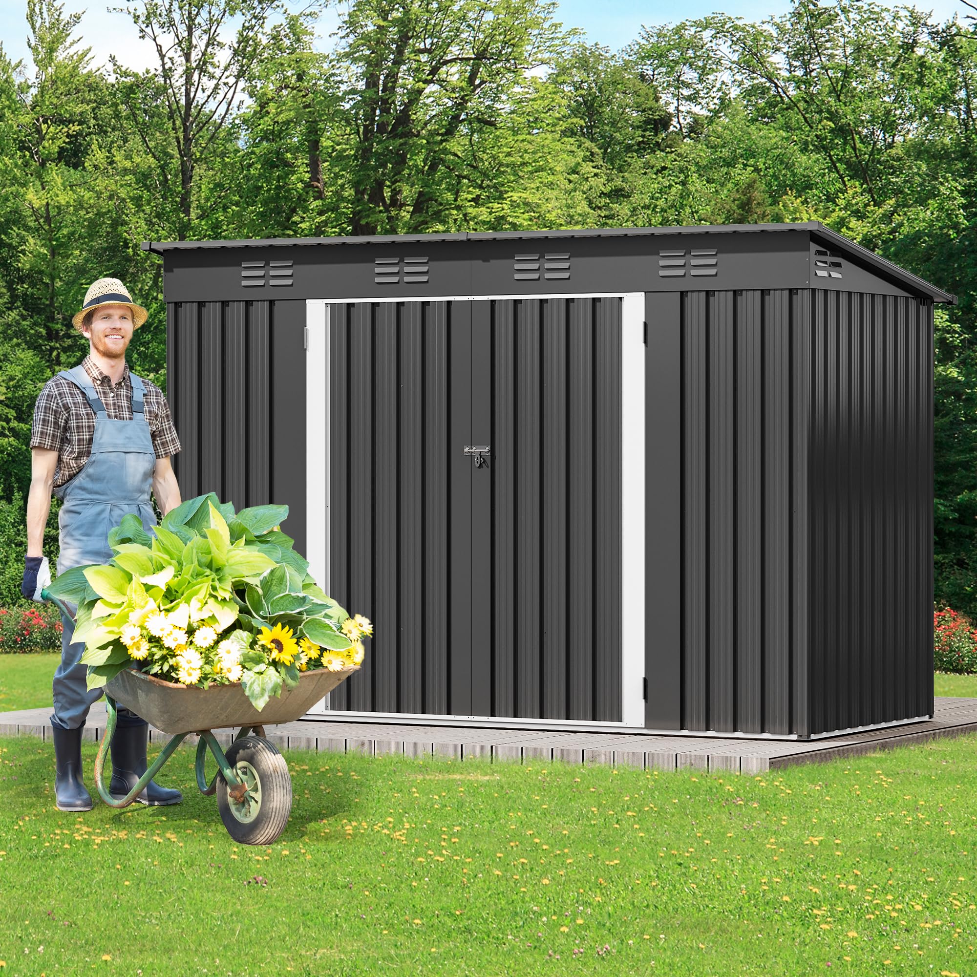 DWVO 9.1x4.2ft Large Outdoor Storage Shed with Window & Lockable Doors - Heavy-Duty Steel Garden Shed with Sloped Roof for Patio, Garage, Backyard, Lawn & Yard Organization (Dark Gray) - Perfect for Storing Tools, Equipment & Seasonal Items