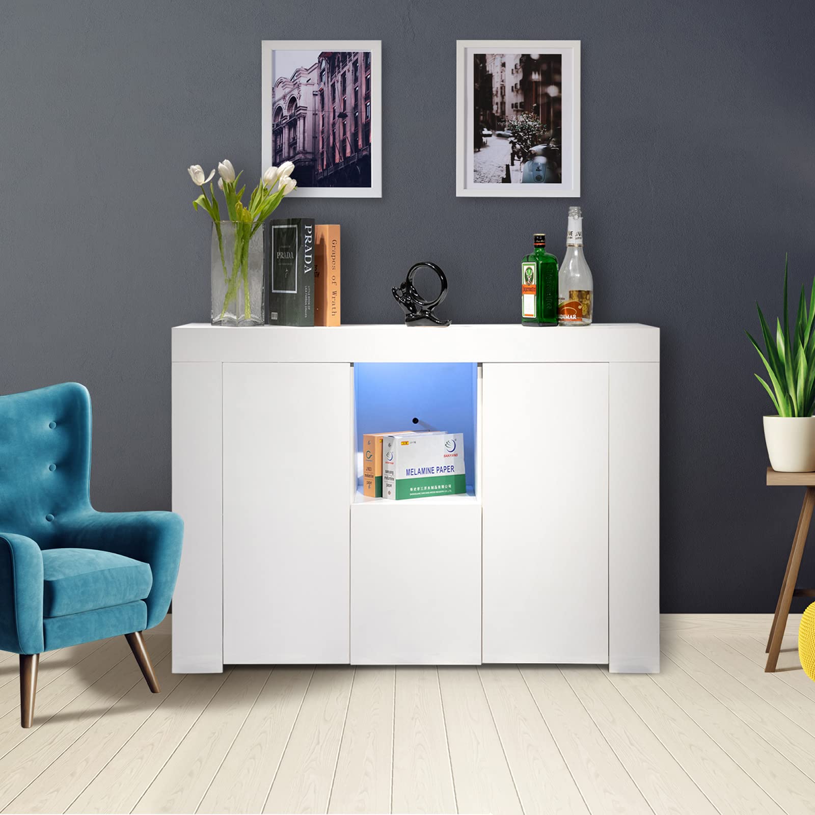 Modern Buffet Sideboard Floor Storage Cabinet - UV Coated High Gloss Front Panel, 16 Color Adjustable RGB LED Lights - Perfect for Kitchen, Dining Room, Living Room & Bar Cabinet Storage (White)