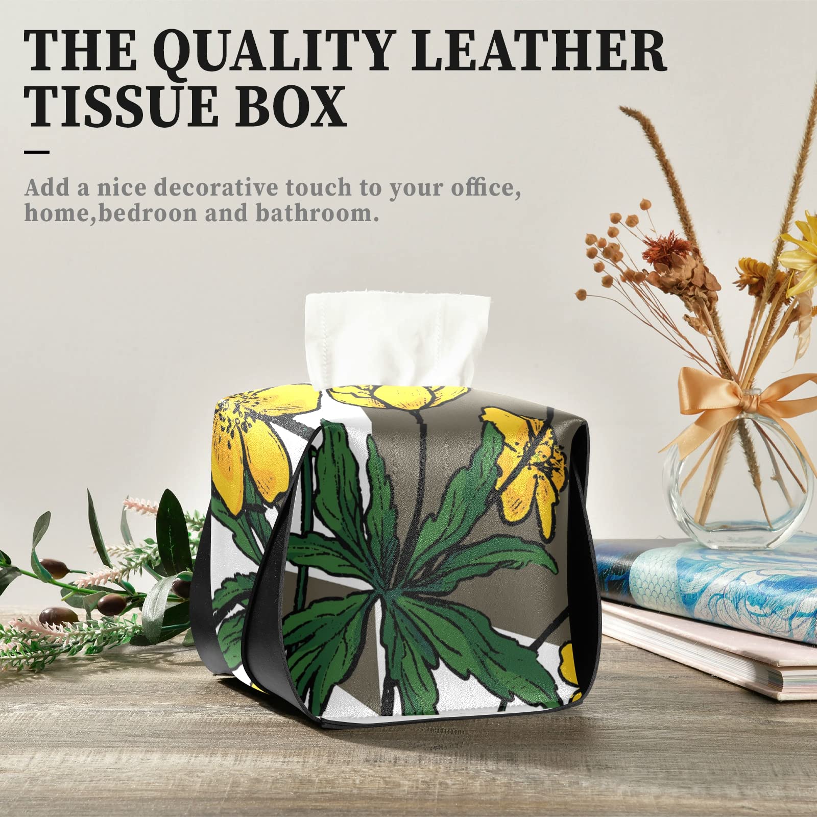 Buttercup Anemone Flower PU Leather Tissue Box Cover - Rectangular Decorative Tissue Holder with Handle for Bedroom, Bathroom, Office | Home Decor & Gift Idea