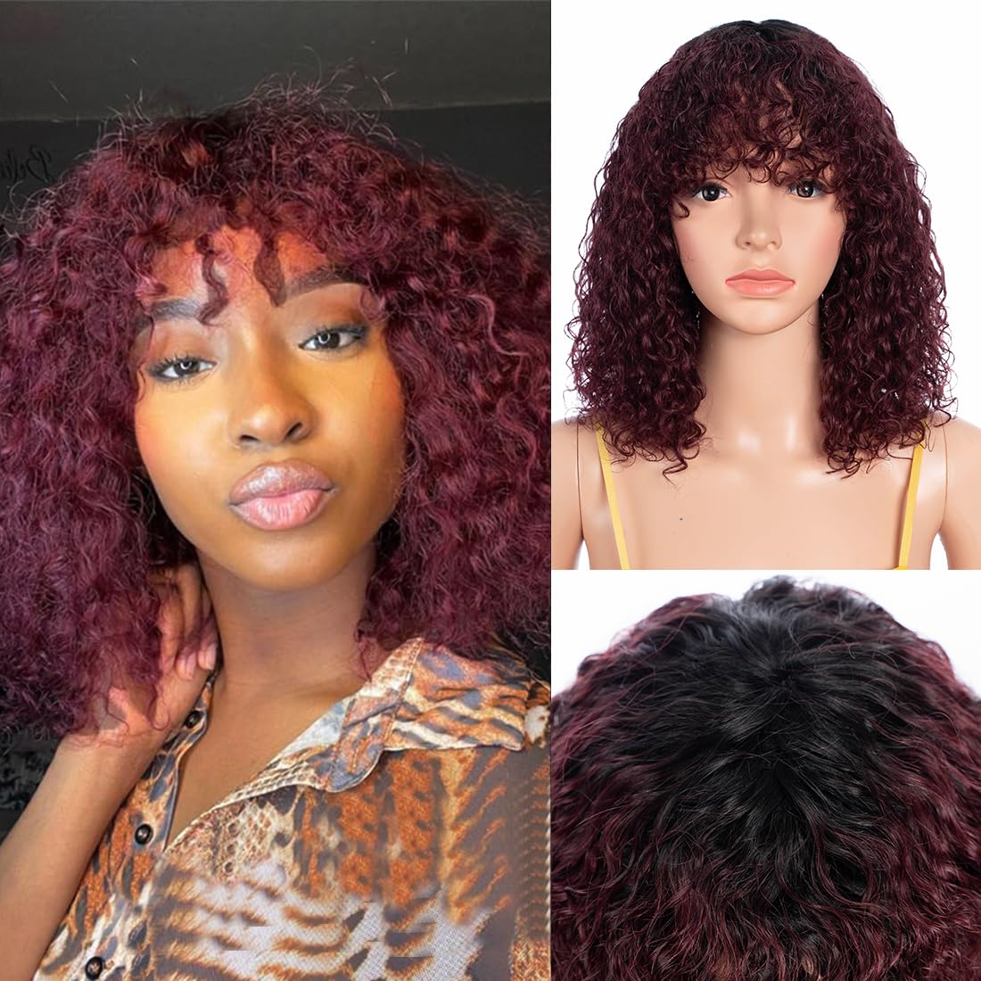 NOBLE HAIR Short Curly Human Hair Wigs with Bangs - Jerry Curl Bob Wigs Brazilian Virgin Human Hair for Black Women | Machine Made Ombre Burgundy Wig (12 inch) - Perfect for Daily Wear, Cosplay & Special Occasions