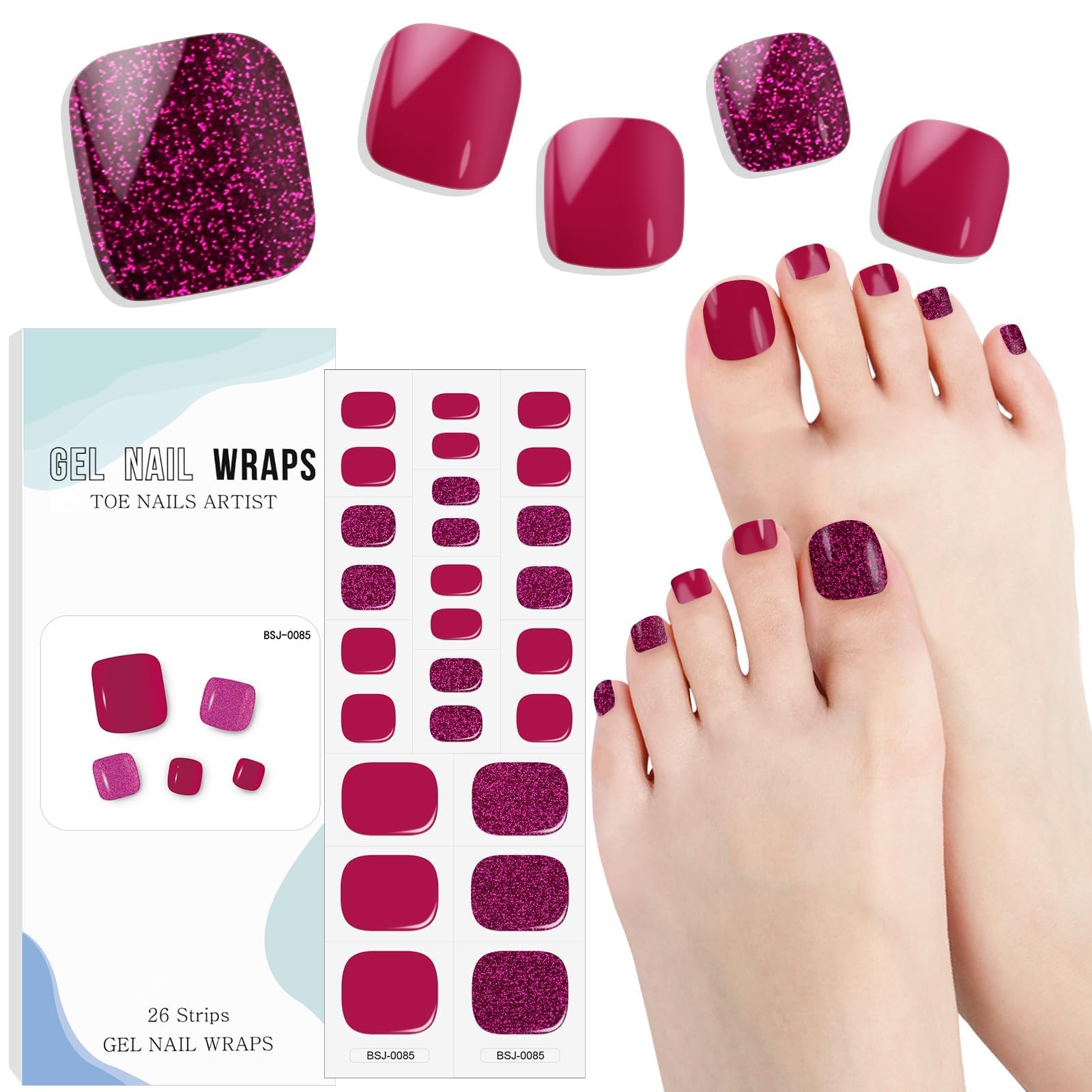 EBANKU Gel Toe Nail Stickers - Long-Lasting UV/LED Cured Gel Nail Strips for Toes, Shiny Wine Color Nail Art Wraps - Perfect for Pedicures, Summer Sandals & Special Occasions