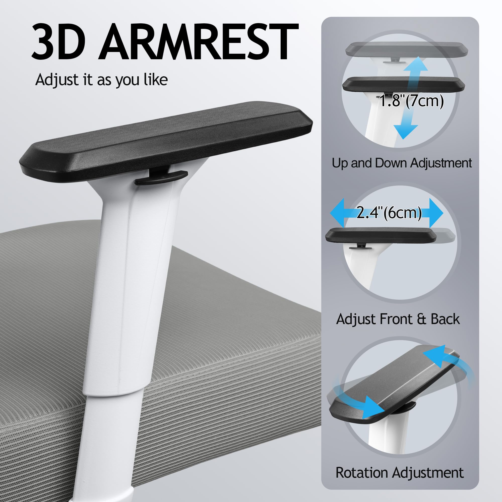 KERDOM Ergonomic Office Chair - Adjustable Mesh Back Executive Desk Chair with 3D Armrests, Lumbar Support & Headrest - Rolling Swivel Gaming Chair for Home Office (Light Gray) | Perfect for Long Work Hours, Gaming & Remote Work