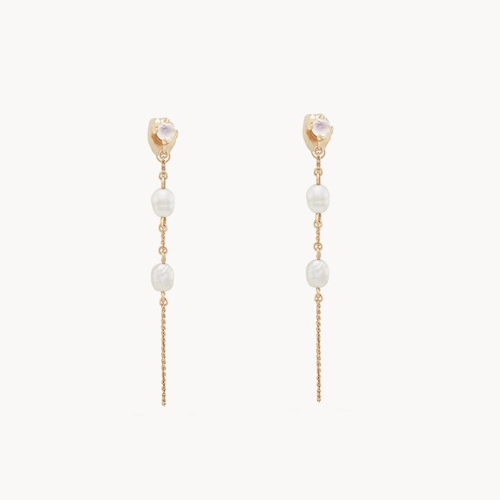 Luna Perla Pearl Chain Earrings - 14K Yellow Gold Dangle Earrings for Women, Elegant & Timeless Jewelry Gift for Wedding, Party & Everyday Wear