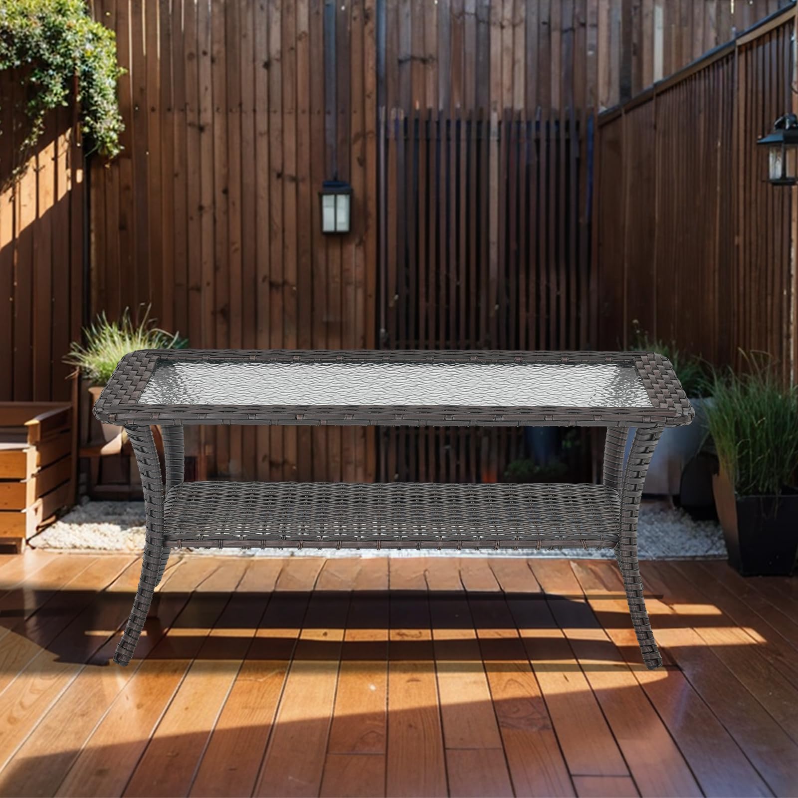 Outdoor Rattan Wicker Coffee Table with Tempered Glass Top & 2-Tier Storage - Patio Furniture for Deck, Porch, Balcony, Garden - Brown - Perfect for Outdoor Entertaining and Relaxation
