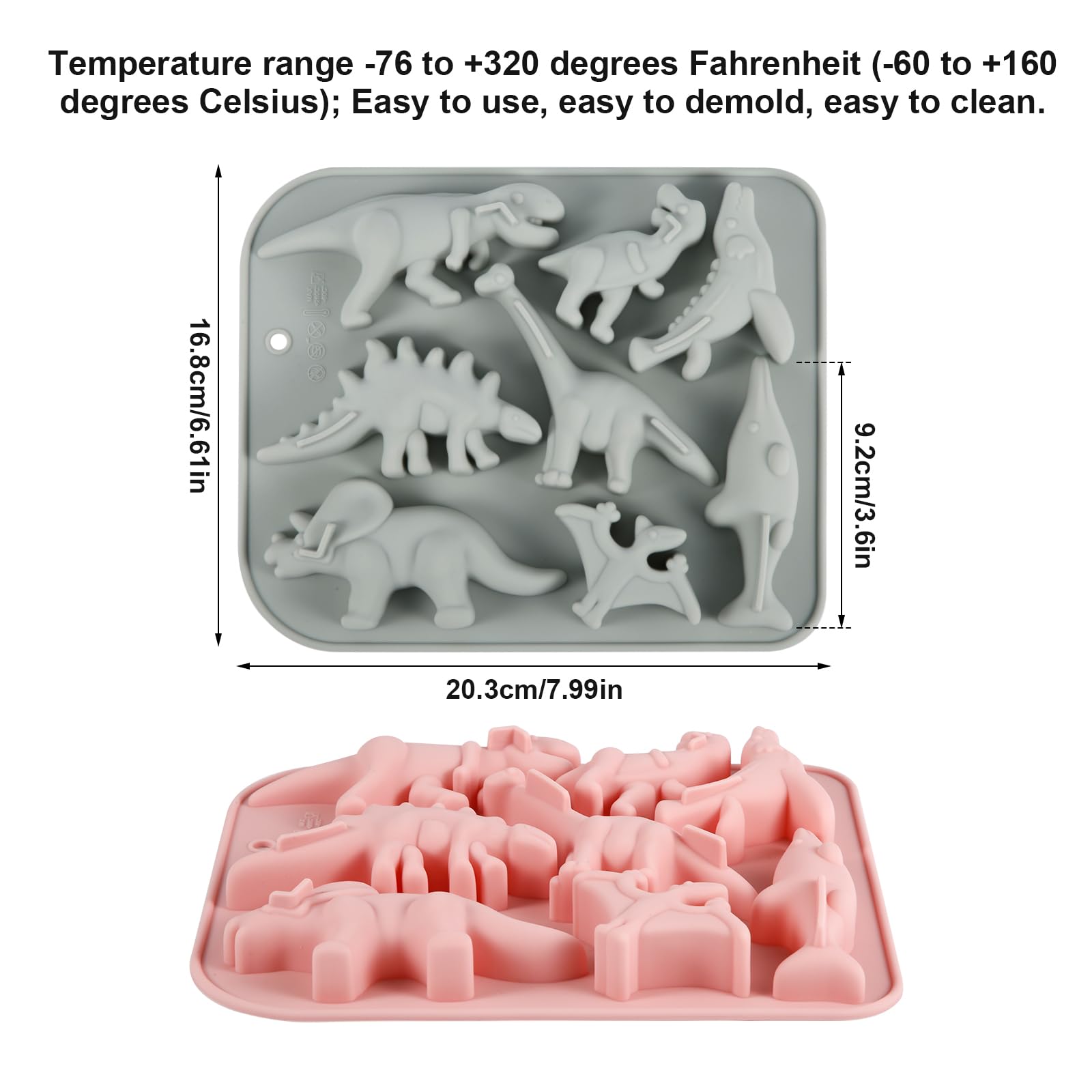 2-Pack Dinosaur Silicone Molds for Baking - 8-Cavity 3D T-Rex & Stegosaurus Cake, Chocolate, Candy, Gummy, Jello, Soap, Wax Crayon DIY Molds - Perfect for Kids Birthday Parties, Halloween Treats & Craft Projects