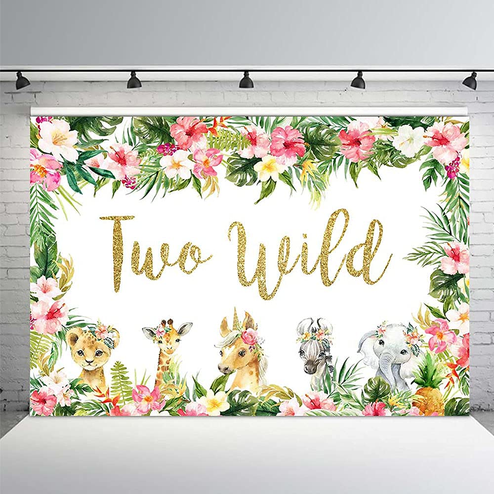 MEHOFOND 7x5ft Jungle Safari Backdrop - Tropical Animal & Flower Forest Theme with Giraffe, Elephant, Unicorn for Birthday Party Decor | Perfect for 2nd Birthday Cake Table, Photography Props & Wild Jungle Themed Events