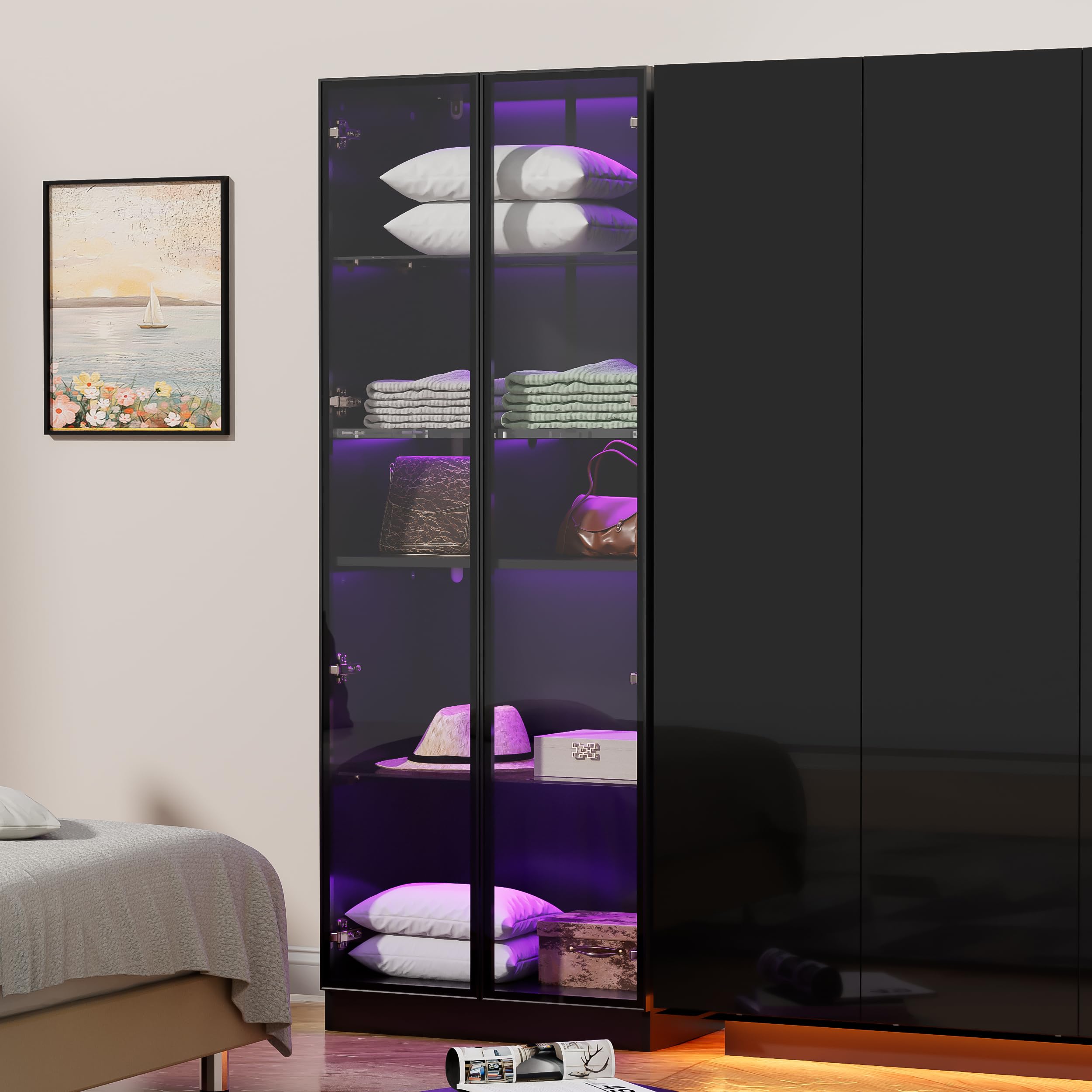 5-Tier Glass Display Cabinet with LED Lights - Aluminum Alloy Frame & 2 Glass Partitions - Black Trophy Case for Collectibles, Awards & Memorabilia - Perfect for Home, Office or Retail Store Displays