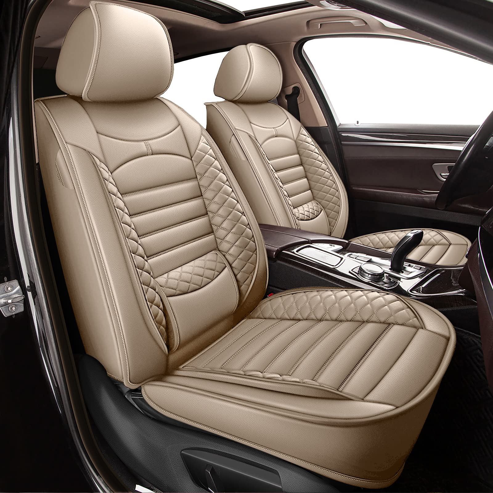 2003-2017 Honda Accord Waterproof Faux Leather Seat Covers Full Set (5 Seats) - Beige | Airbag Compatible Car Seat Protectors for Daily Commute & Road Trips