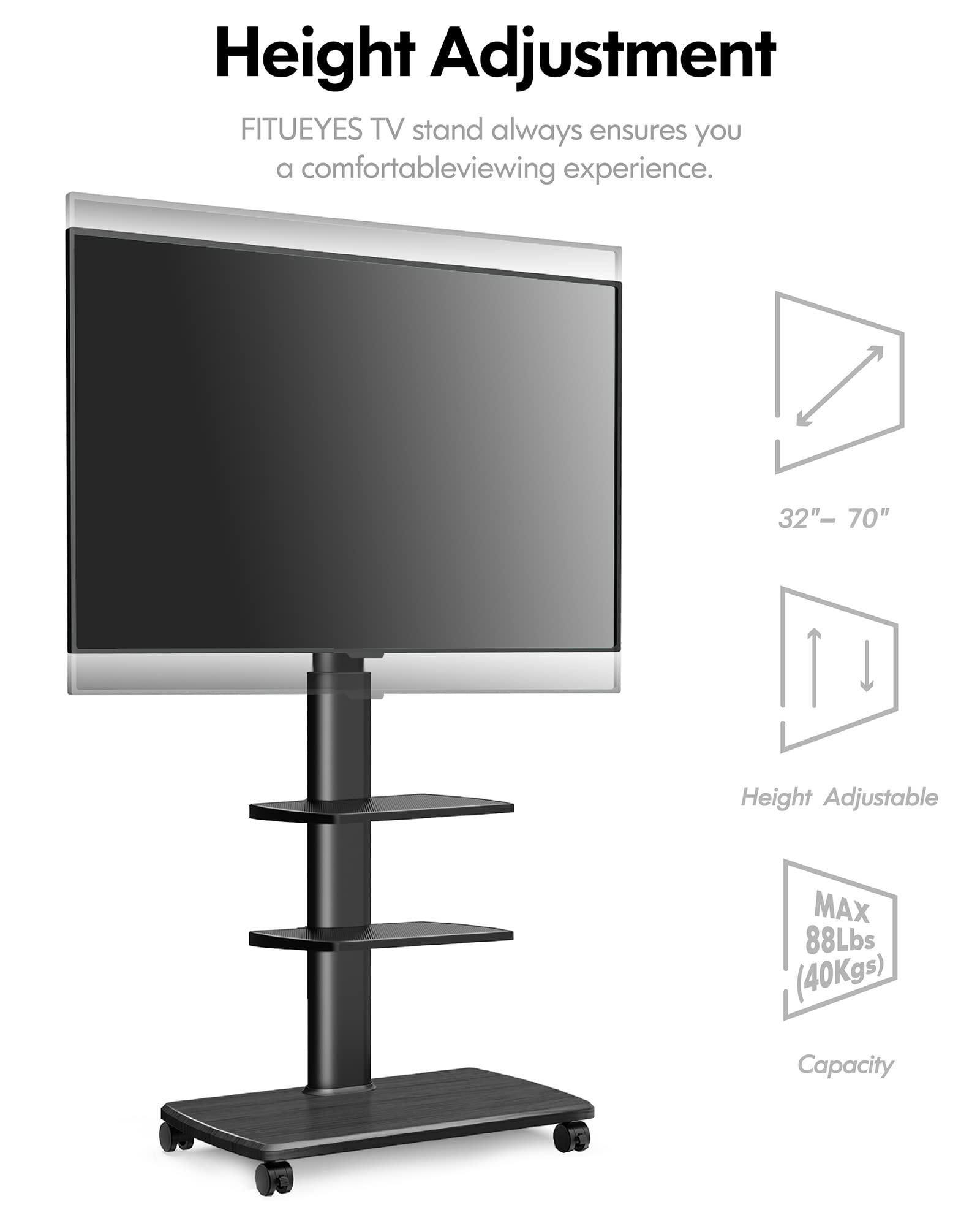FITUEYES Universal Mobile TV Stand with Swivel Mount for 32-70 Inch Flat & Curved TVs - Heavy Duty Rolling TV Cart with Wheels (88 lbs Capacity, Max VESA 600x400mm) - Perfect for Living Room, Bedroom, or Office (Black)