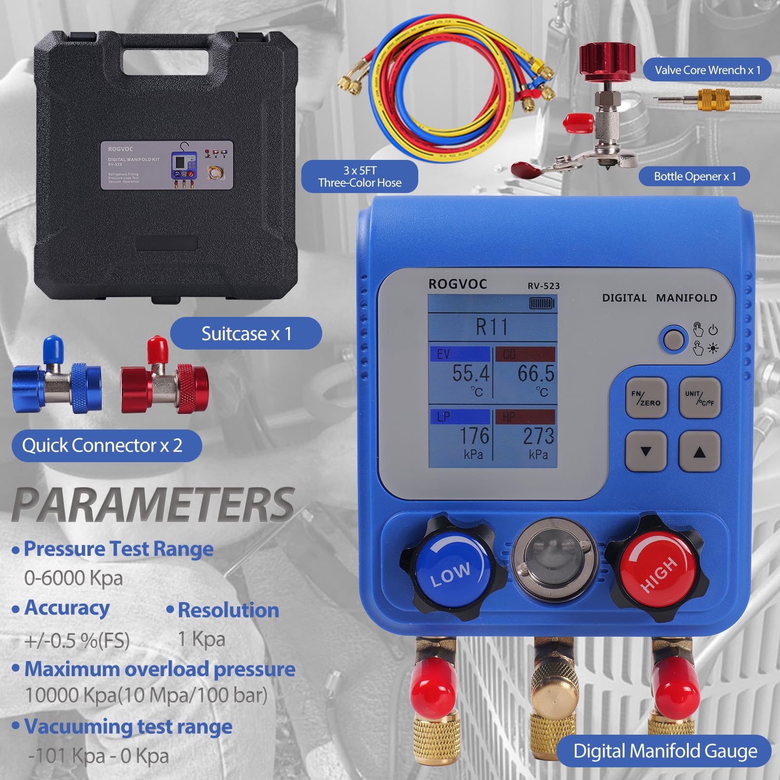 Professional Digital Manifold Gauge Set for HVAC Systems - R22/R410A/R134A Refrigerant AC Pressure & Leak Testing Kit with 3 Hoses | Perfect for HVAC Technicians, AC Maintenance & Refrigerant Recharging