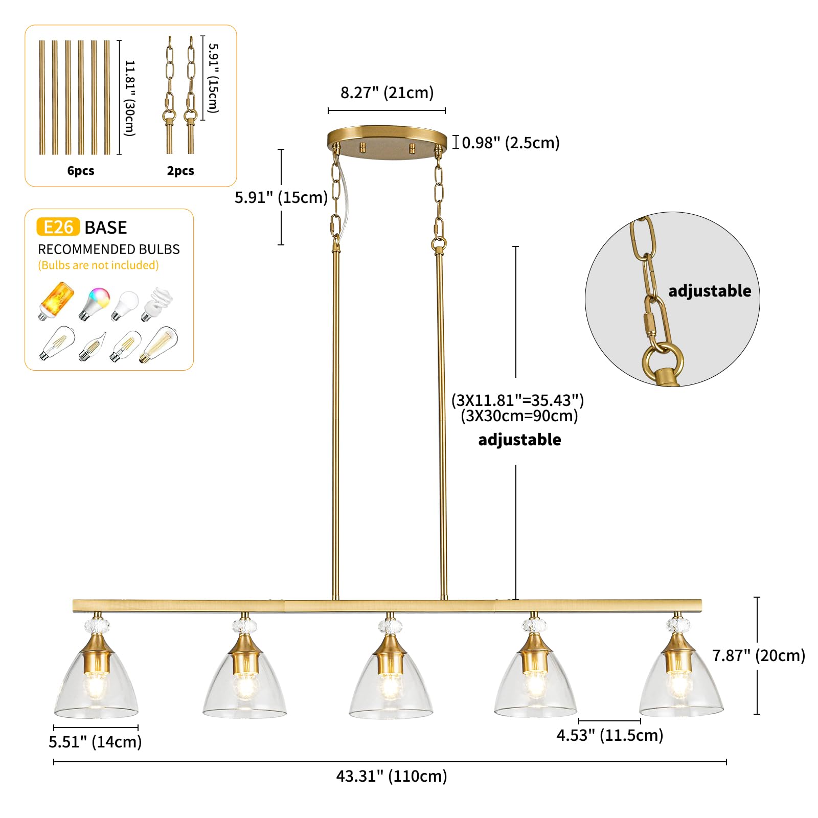 5-Light Gold Finish Kitchen Island Pendant Lighting with Clear Glass Shades - Modern Chandelier for Dining Room, Kitchen Island, Living Room, Bar Counter & Entryway Lighting Decor