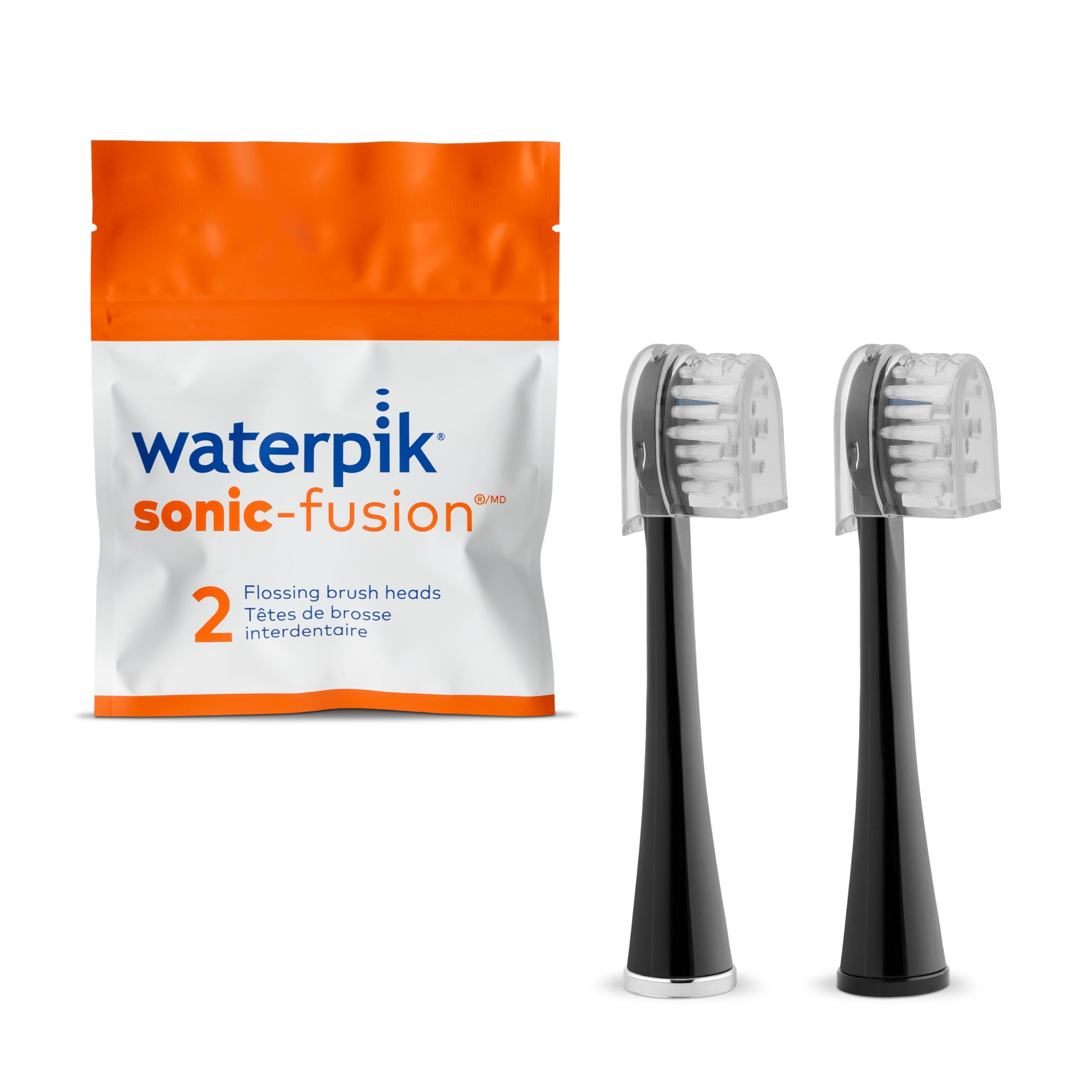 Genuine Waterpik Compact Replacement Brush Heads with Covers for Sonic-Fusion Flossing Toothbrush SFRB-2EB - 2 Pack Black | Compatible with Water Flossers & Electric Toothbrushes | Perfect for Travel & Daily Oral Care