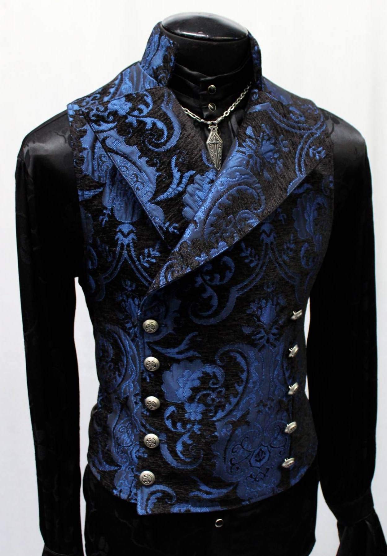 Men's Victorian Gothic Formal Cavalier Vest - Blue & Black Tapestry Design - Size Large - Perfect for Renaissance Fairs, Steampunk Cosplay & Historical Reenactments