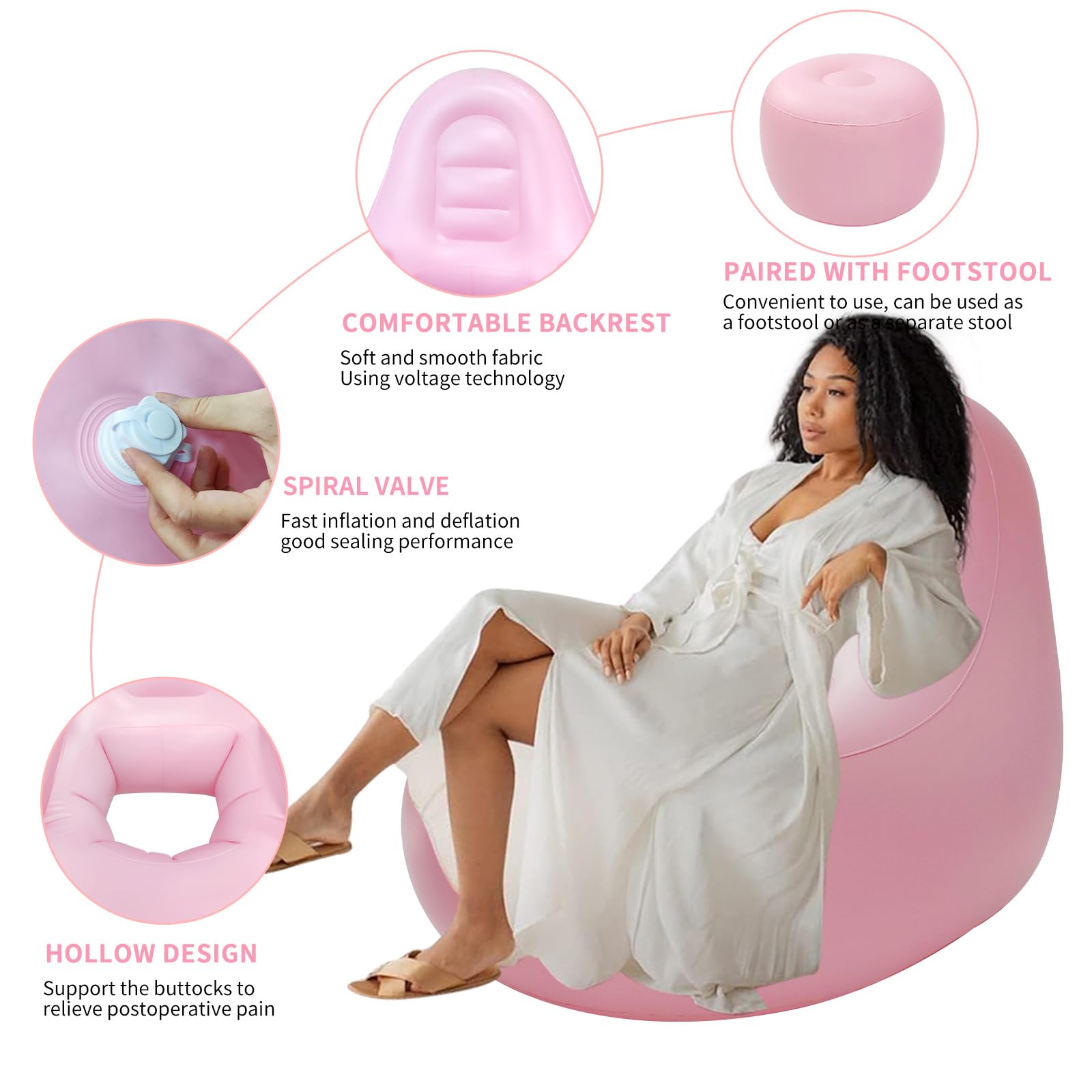 Inflatable Chair Sofa with Hole for Post-Surgery Recovery - BBL Support Cushion with Electric Air Pump & Ottoman - Comfortable Seating for Brazilian Butt Lift, Pregnancy, Relaxing & Sleeping (Pink) - Perfect for Home, Office & Medical Recovery Use