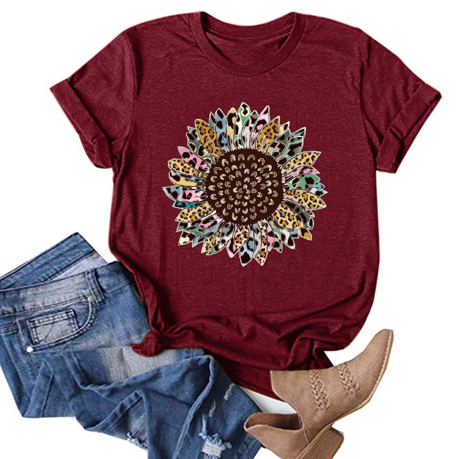 Vintage Dandelion Sunflower Printed Women's Graphic T-Shirt - Casual Round Neck Short Sleeve Loose Blouse Top for Summer Outfits, Streetwear & Boho Style