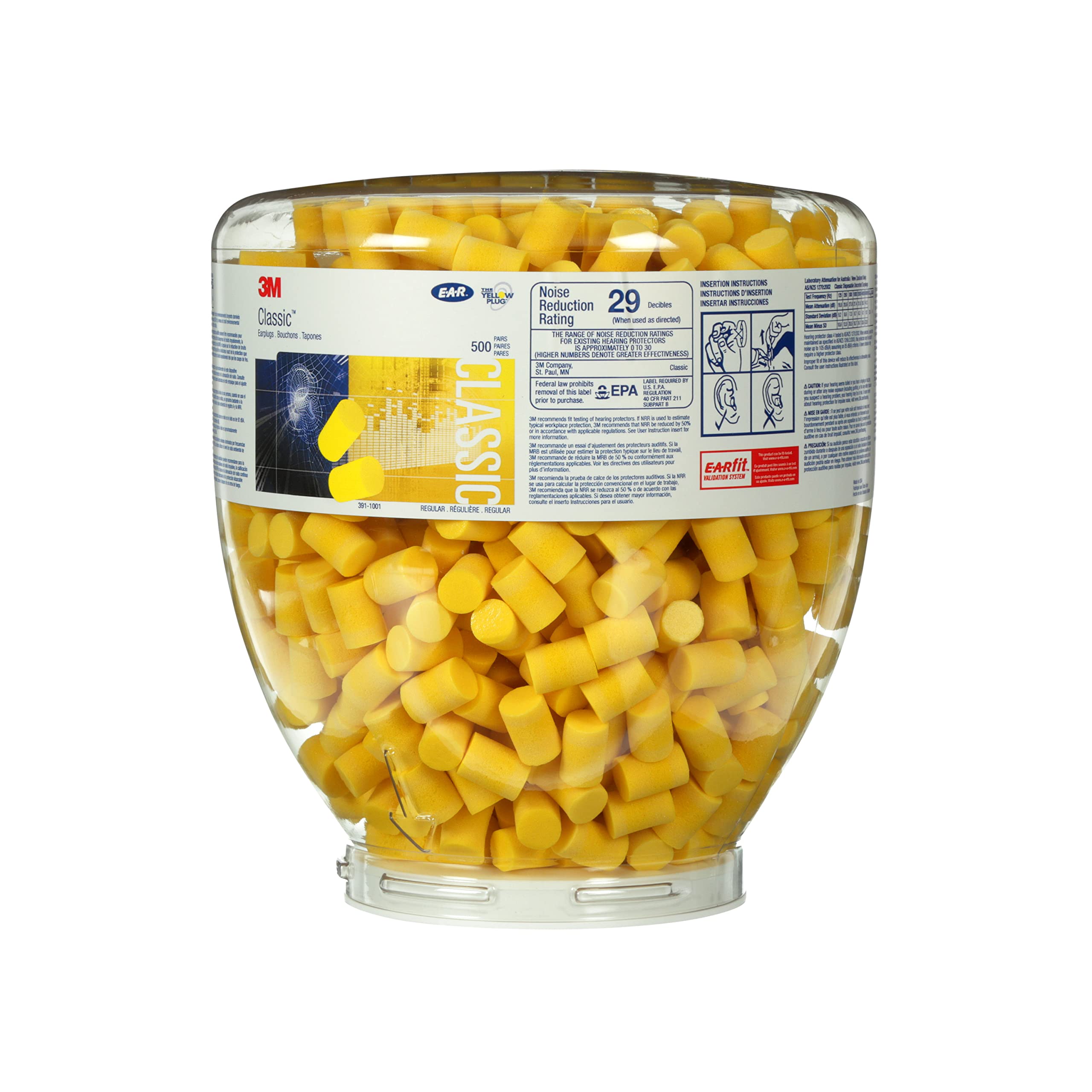 3M E-A-R Classic One Touch Refill 391-1001 Disposable Earplugs - 500 Pairs, Uncorded, 29dB NRR, Foam Ear Protection for Noise Reduction, Regular Size, Roll Down, ANSI/ASA S12.71-2018 Certified - Ideal for Construction, Concerts, Shooting Ranges & Sleeping