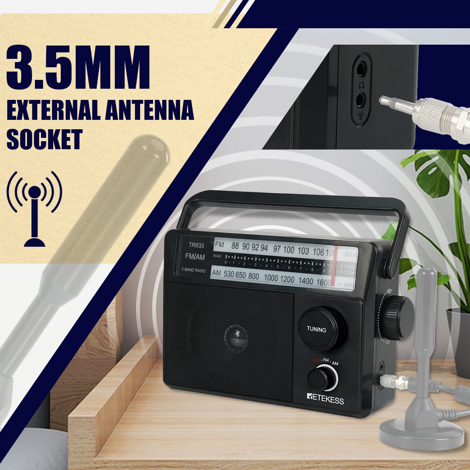 Retekess TR633 Portable AM FM Radio with External Antenna - Battery & AC Powered, Transistor Radio with Headphone Jack & Large Speaker - Perfect for Kitchen, Bedroom, Elderly Use (Black) | Home, Camping, Emergency Use