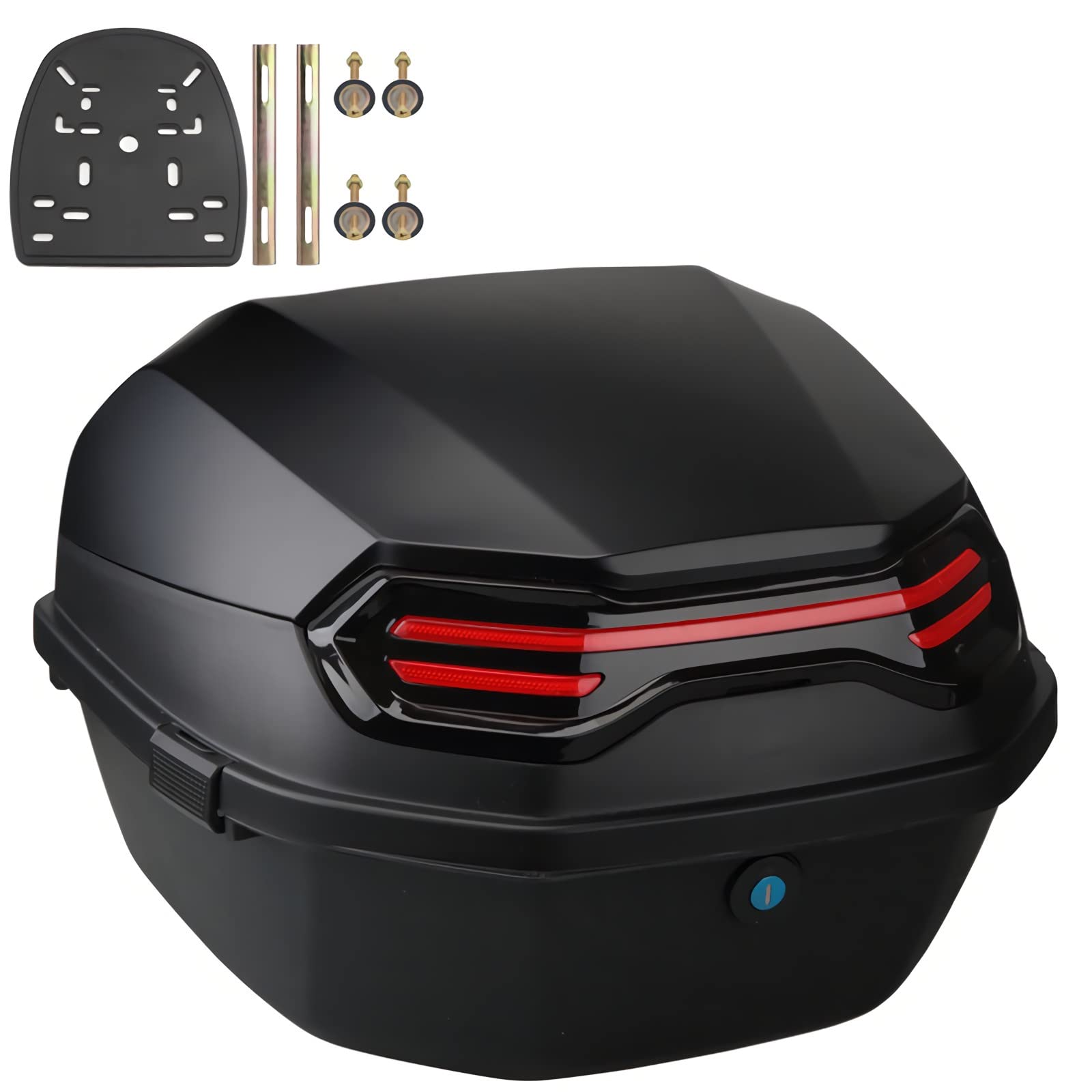 Universal Waterproof Motorcycle Trunk Top Box with LED Lights & Lock - 11x15x15 Inch Scooter Tail Storage Box for Moped, Backrest Support - Perfect for Commuting, Travel & Daily Storage