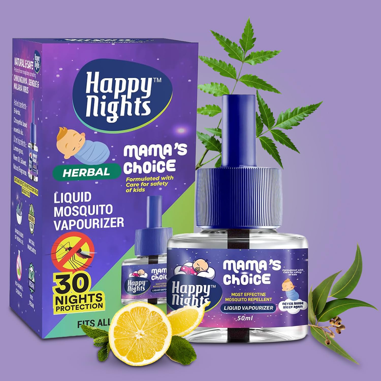 Happy Nights Mama's Choice Combo Pack - Natural Herbal Mosquito Repellent with Lemon Eucalyptus & Camphor Oil - Chemical-Free Vaporizer for 100% Mosquito Protection - Perfect for Bedrooms, Nurseries, and Outdoor Camping