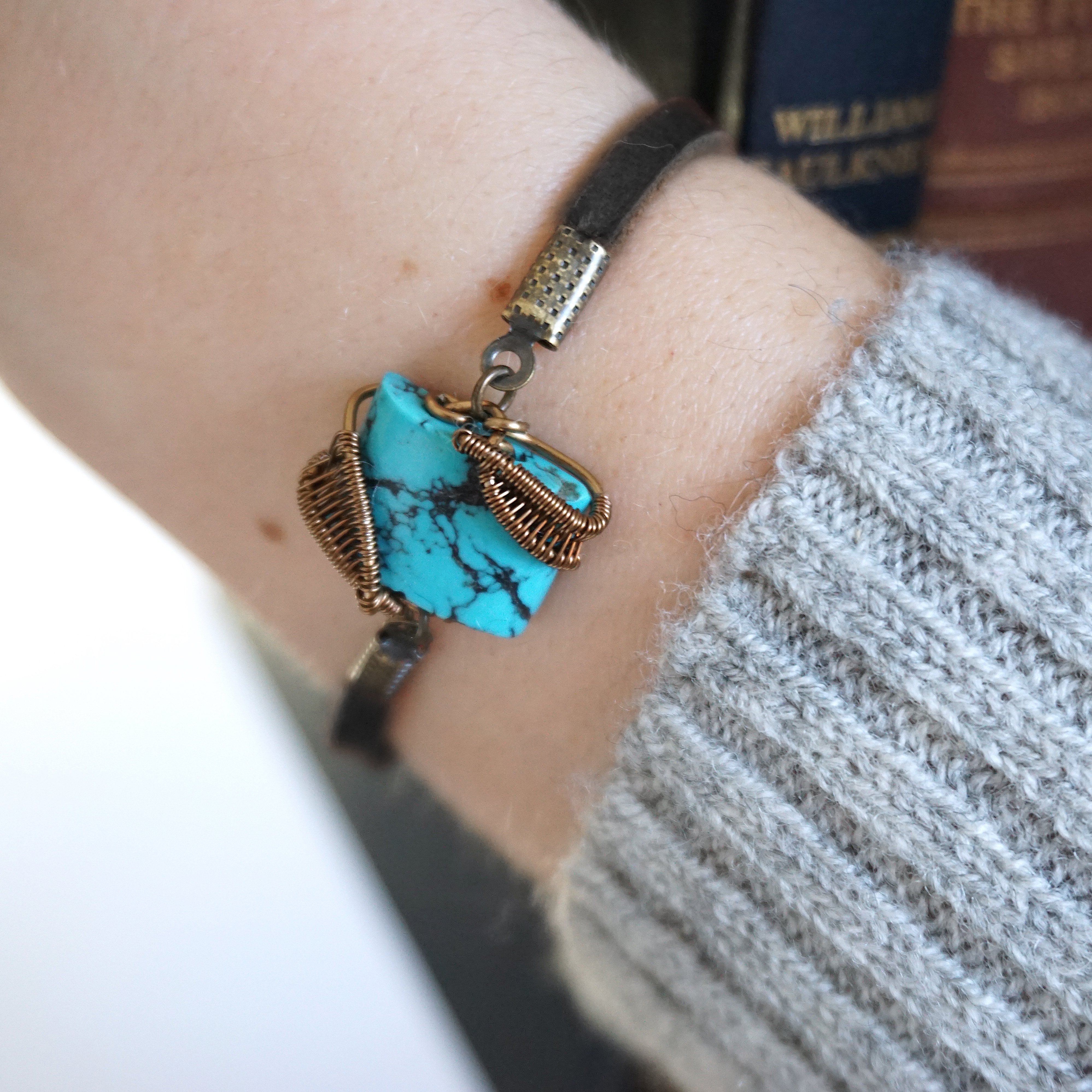 Turquoise Leather Bracelet - Adjustable Handmade Beaded Bracelet for Women - Black or Brown Leather - Boho Jewelry for Everyday Wear & Gift Giving