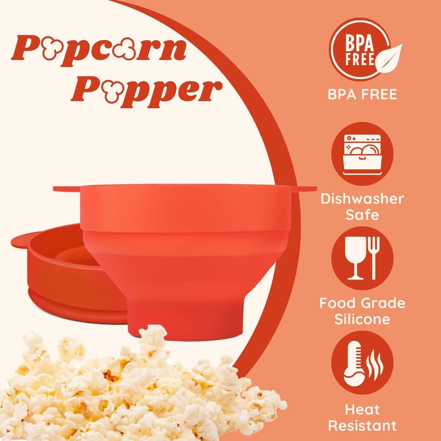 Flexzion Microwave Popcorn Popper Maker with Lid - Collapsible Silicone Bowl, BPA-Free Food Grade Container for Home, Kitchen, Parties & Camping - Perfect for Movie Nights, Snacks & Family Gatherings (Orange)