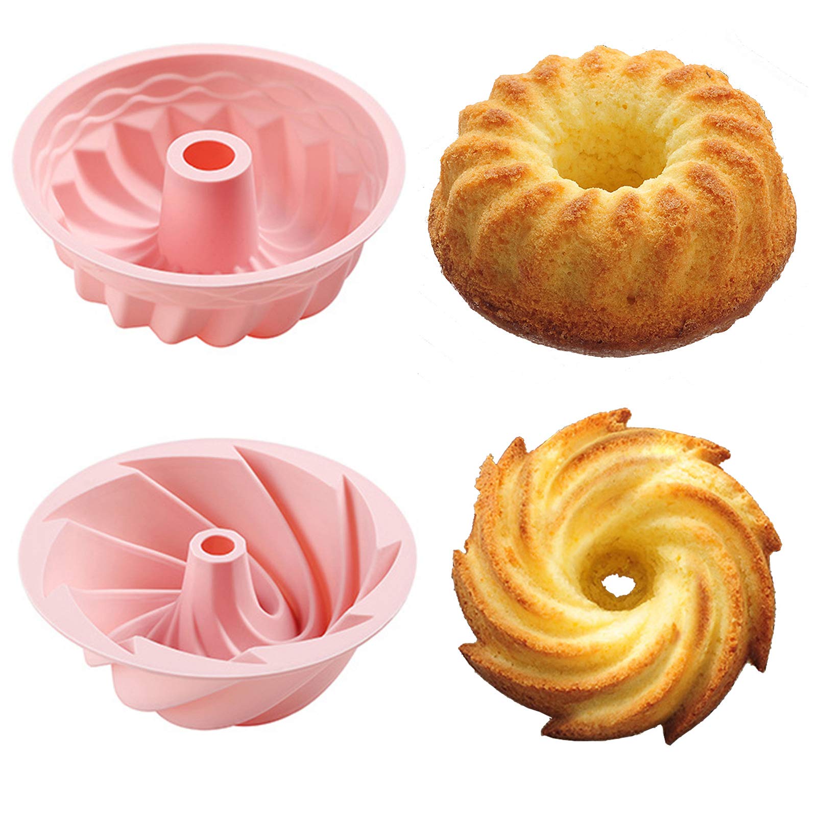 Non-Stick Silicone Cake Pans Set of 2 - 6 Inch Round Swirl Bundt & Mini Loaf Muffin Baking Molds for Pound Cake, Bread, Cupcakes - Perfect for Home Baking, Party Desserts & Holiday Treats (Pink)