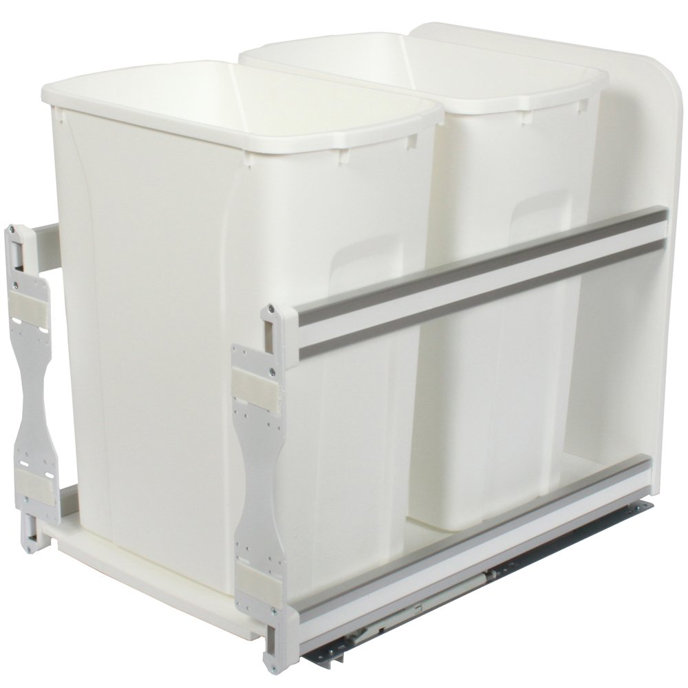 Knape & Vogt USC15-2-35WH Soft Close Pull Out Trash Can - 35 Quart White Under Cabinet Garbage Bin (19.19 x 14.81 x 22.44 Inches) - Perfect for Kitchen, Bathroom & Office Organization