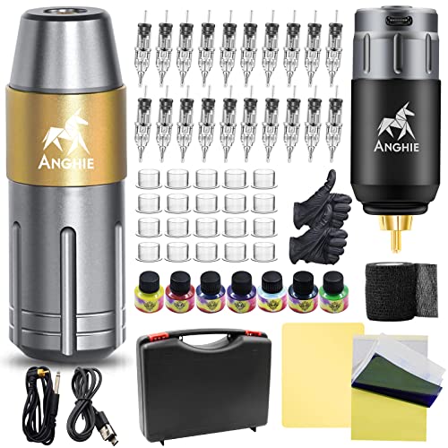 Anghie Machine Pen Kit - Complete Beginner Tattoo Kit with Wireless Power Supply, Ink Caps, Practice Skins & Elastic Bandages | Professional Tattoo Supplies for Artists & Home Practice (Silver)