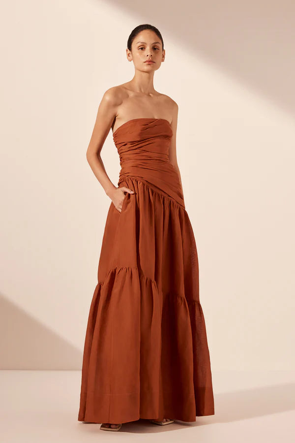 Celeste Strapless Tiered Maxi Dress in Rust - Elegant Summer Beach Wedding Guest Dress for Women