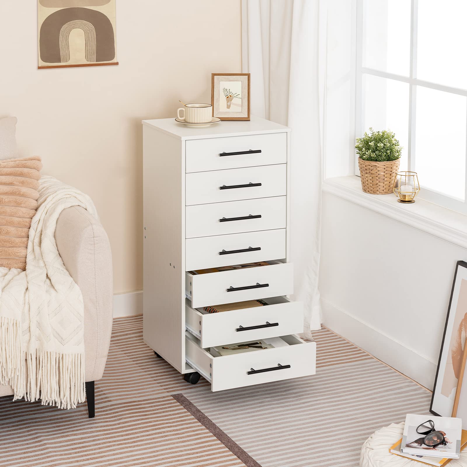 HOOBRO 7-Drawer Storage Cabinet, White Wooden File Organizer with Easy Assembly for Home Office, Study & Workspace - Perfect for Document Storage & Office Supplies Organization WT07WJ01