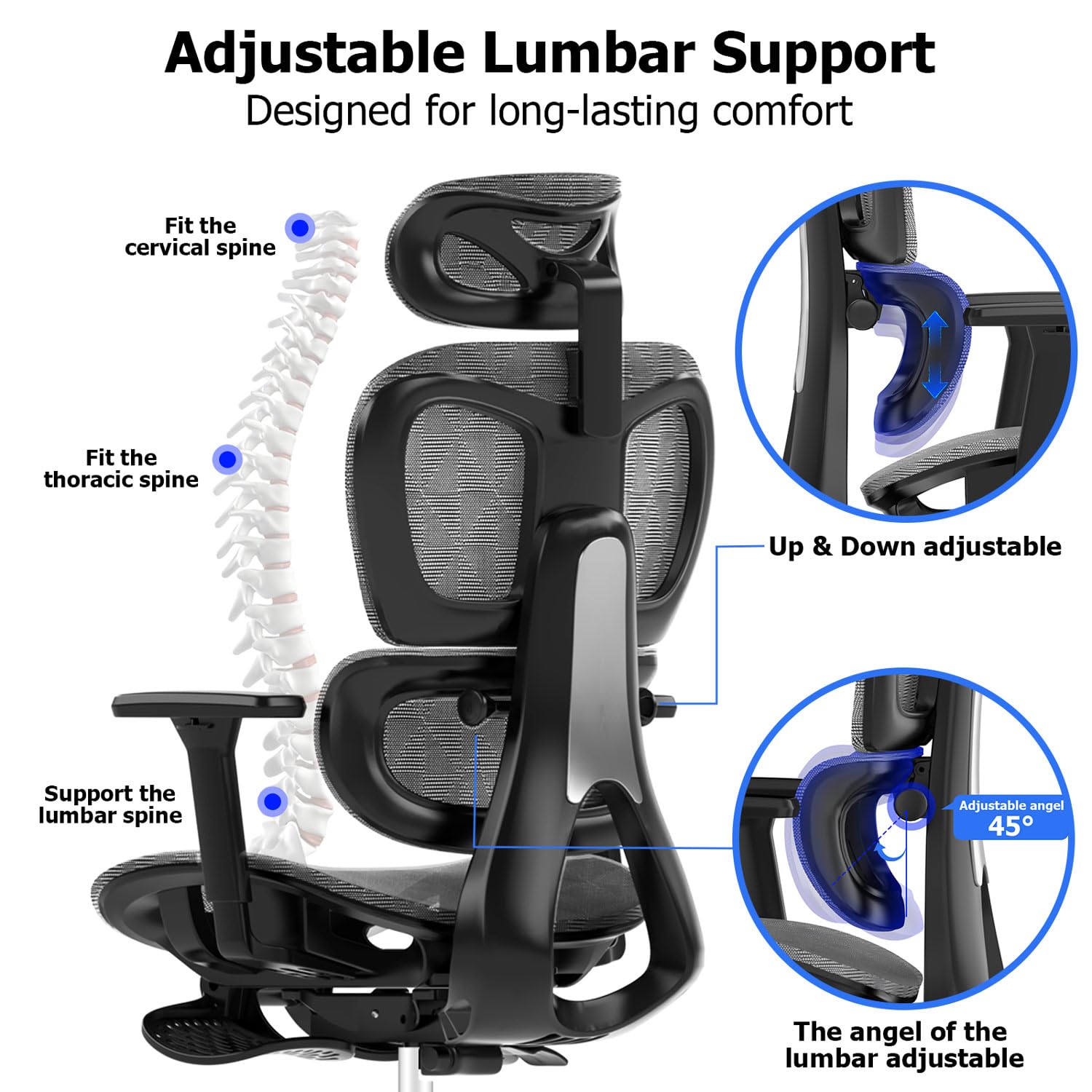 Ergonomic Mesh Office Chair with 3D Adjustable Armrests & Lumbar Support - High Back Computer Desk Chair with Wheels for Home & Office - Dark Grey - Perfect for Long Work Hours & Gaming Sessions