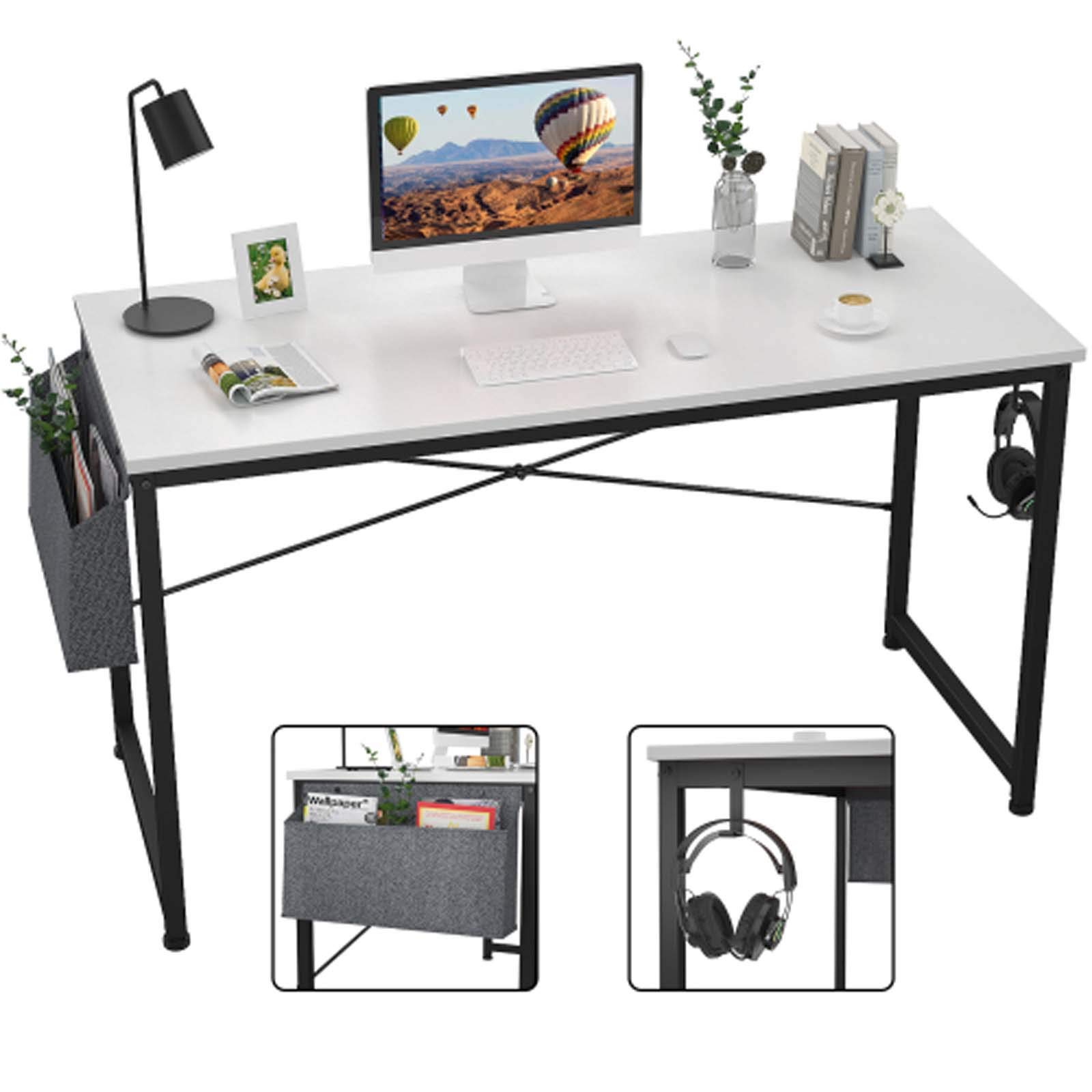 47 Inch Modern Computer Desk for Home Office - Simple Writing Study Desk with Storage Bag, Laptop Workstation (White) - Perfect for Remote Work, Online Classes & Small Space Home Offices