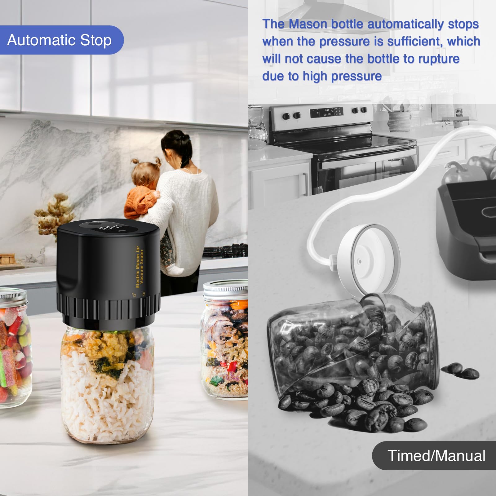 Electric Mason Jar Vacuum Sealer Kit - Auto Stop 80kPa Food Preserver for Wide & Regular Mouth Jars | Airtight Storage for Dry Foods, Coffee, Nuts & Meal Prep (Black)
