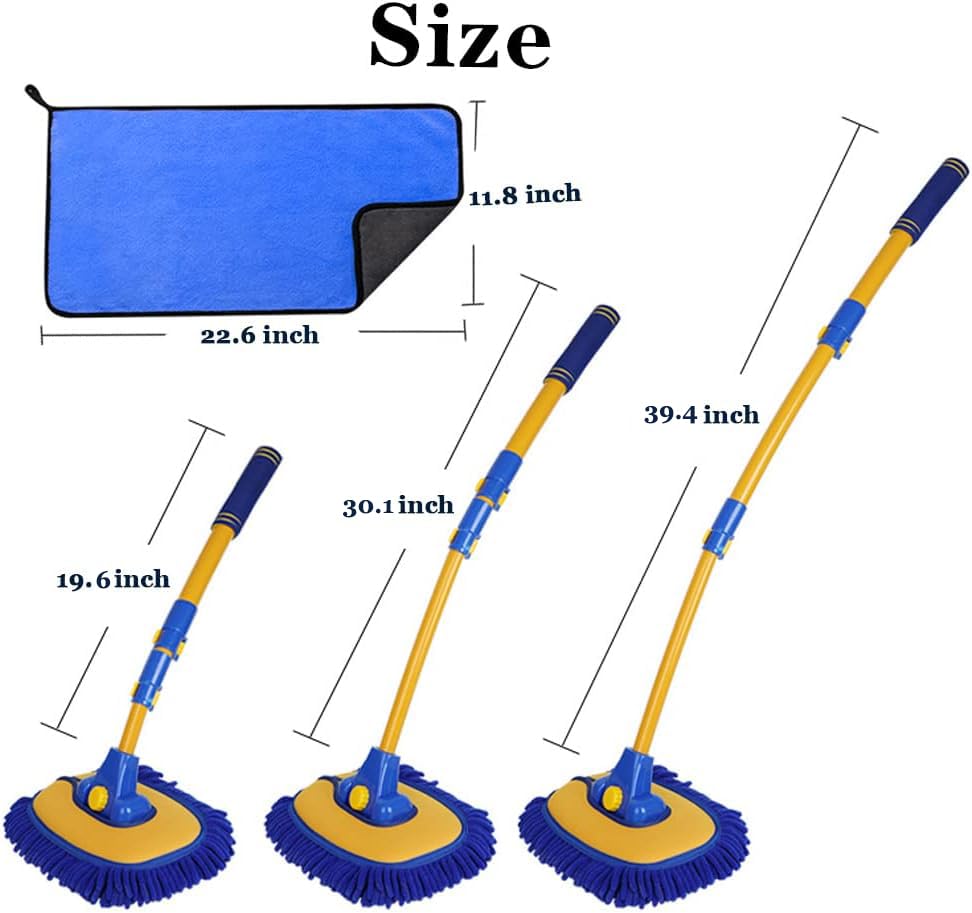 Premium Car Wash Brush Kit with Long Handle & Microfiber Towels - 2 Replacement Heads, Extension Pole - Car Cleaning Supplies for Cars, Trucks, SUVs & RVs (Blue) - Perfect for Driveway Washing, Auto Detailing & Vehicle Maintenance