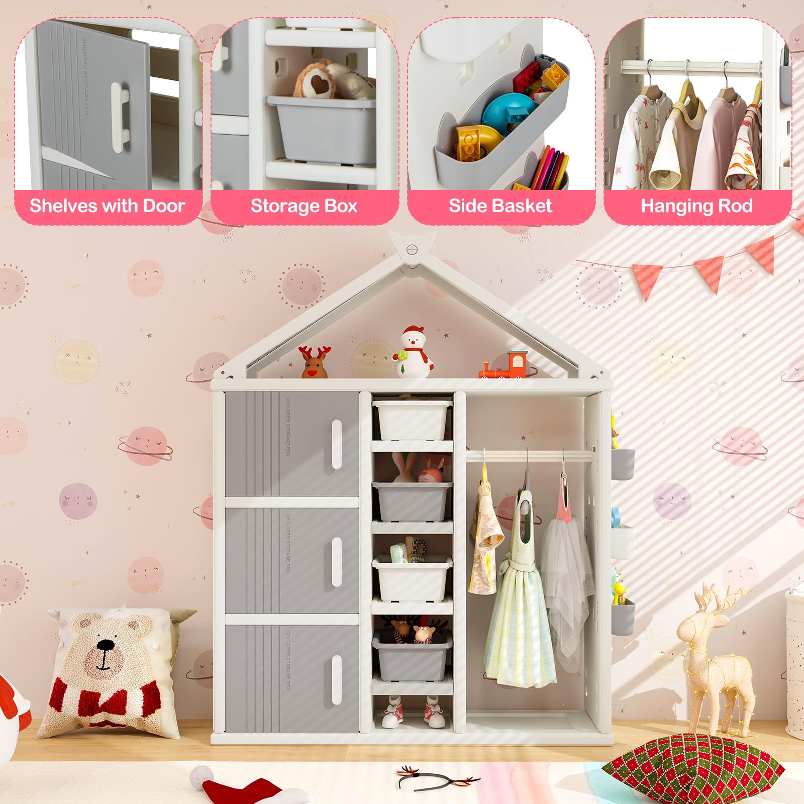 Costzon Kids Dress Up Storage Closet - Hanging Armoire with Bins, Shelves & Baskets, Grey Wardrobe for Girls Bedroom | Perfect for Organizing Costumes, Toys & Clothes in Playroom or Nursery