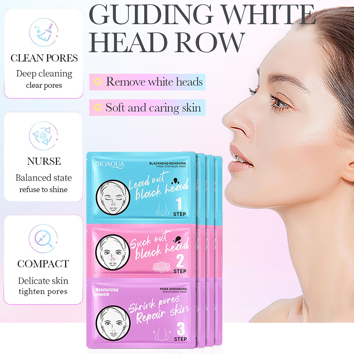 BIOAQUA 3-Step Blackhead Remover Kit - Deep Cleansing Nose Strips, Pore Minimizer Serum & Moisturizing Patches for Smooth Skin (7g x3) x5 Pack - Perfect for Acne Prone Skin & Blackhead Removal at Home