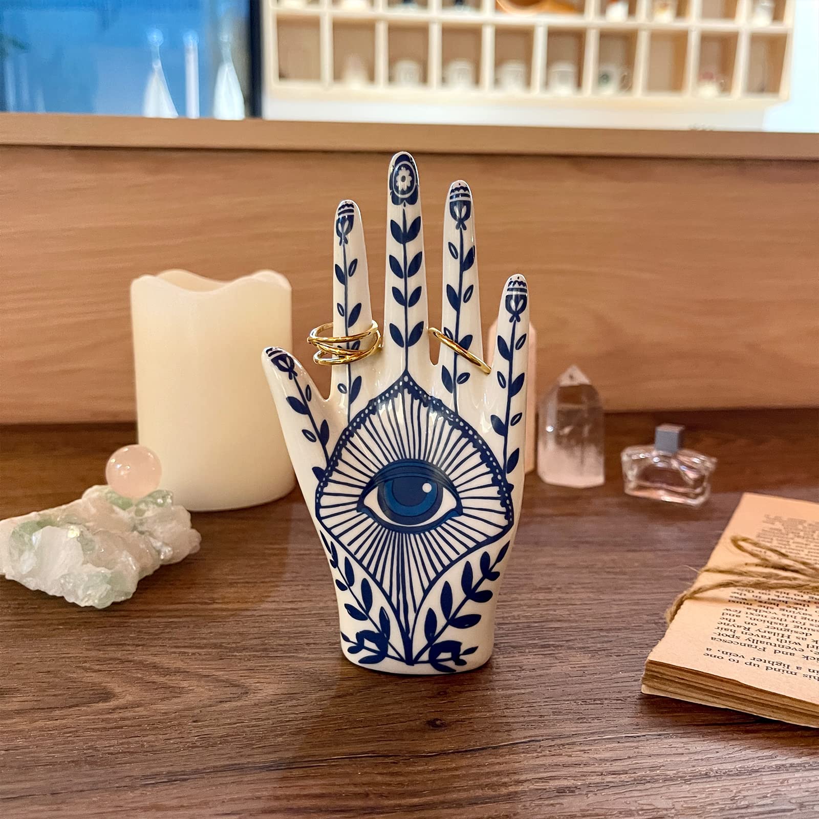 Hamsa Hand Ring Holder with Blue Evil Eye - Boho Decor Ring Stand & Organizer for Bathroom, Bedroom, Vanity - Aesthetic Room Decor, Preppy Home Gifts for Women - Perfect for Yoga Studios, Meditation Spaces & Spiritual Decor